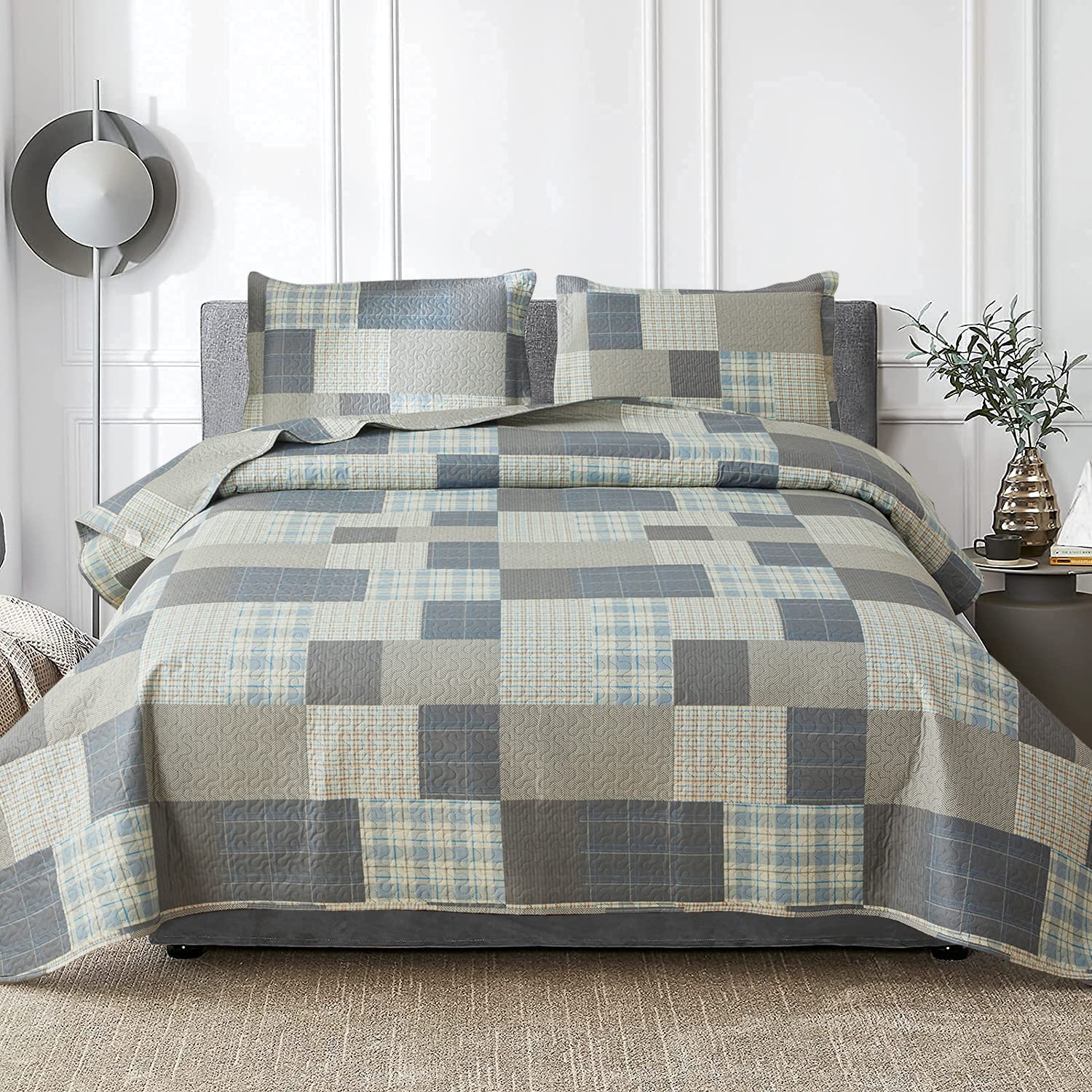 Jarson 3-Piece Plaid Quilt Set King Size, Lightweight Soft Summer Bedding Set, Reversible Bedspread (1 Coverlet & 2 Pillow Shams Included)