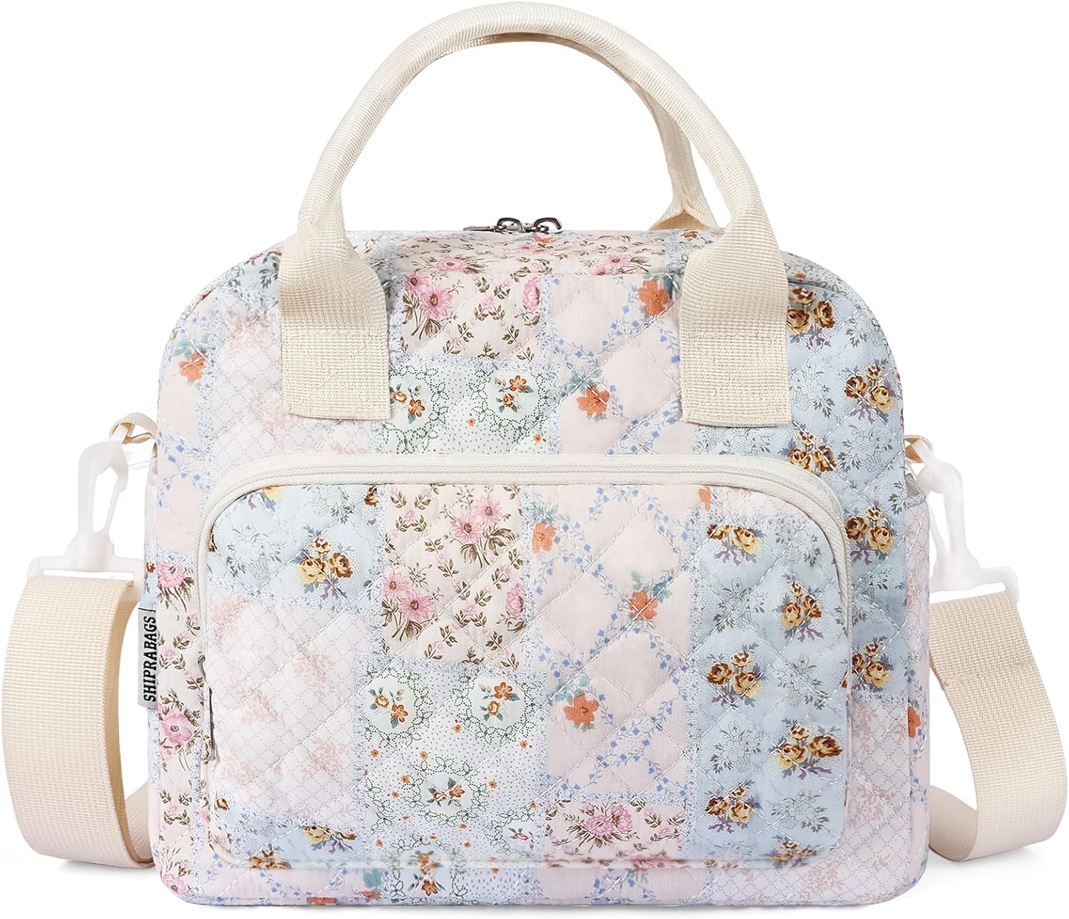 Quilted Lunch Box for Women, Large Insulated Lunch Bag for Adult,Elegant Blue Floral Cute Portable Tote Bags for Work Travel Beach Picnic(Blue Patchwork,M)