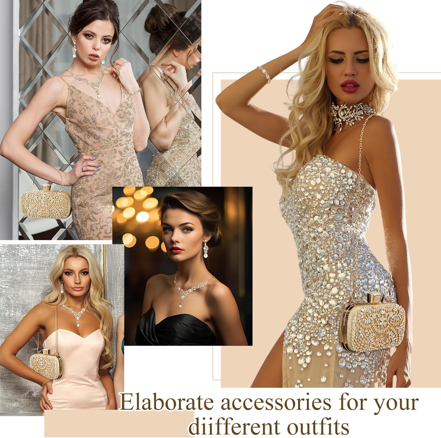 Quelay ​​​​4 Pcs Purse Rhinestone Jewelry Set for Wedding Bridal Women Handbag with Necklace Bracelet Dangle Earrings - Image 5