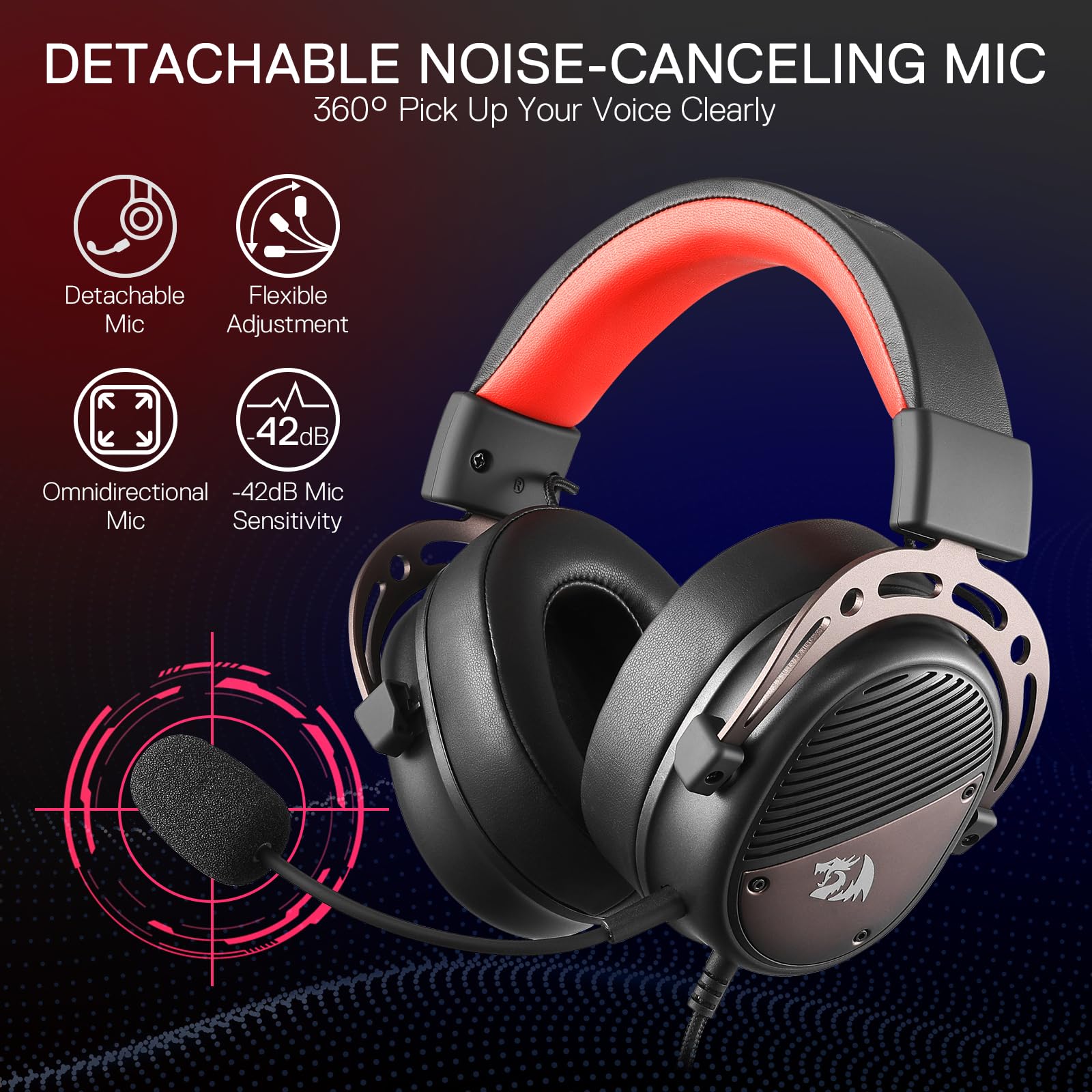 Redragon H730 Auriculares Gaming USB Cableados Drivers 53mm | Sonido Espacial 360° Micrófono Desmontable Cancelación Ruido Almohadillas Magnéticas Reemplazables