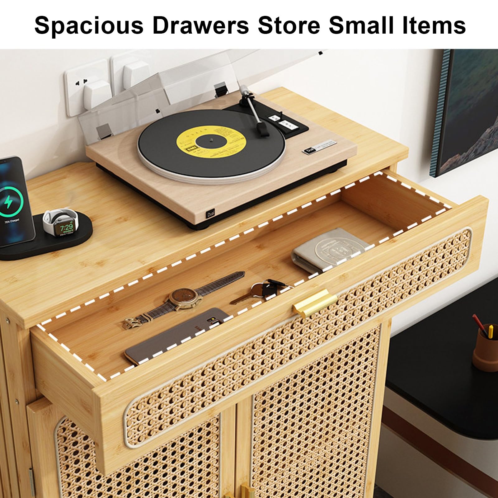 Armoire de Rangement pour Routeur WiFi avec Tiroirs, Osier Respirant Meuble Box Internet Grande Capacité de Rangement, pour Dissimuler Les Routeurs, Modems et Câbles(Natural,60 * 25 * 91cm)