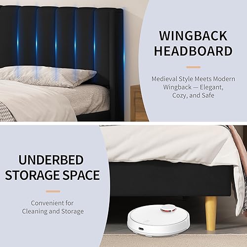 Miniatura 5 de Base de cama tapizada de tamaño matrimonial con respaldo moderno y cabecera de panel vertical, tela de lino, patas y listones de madera, no necesita