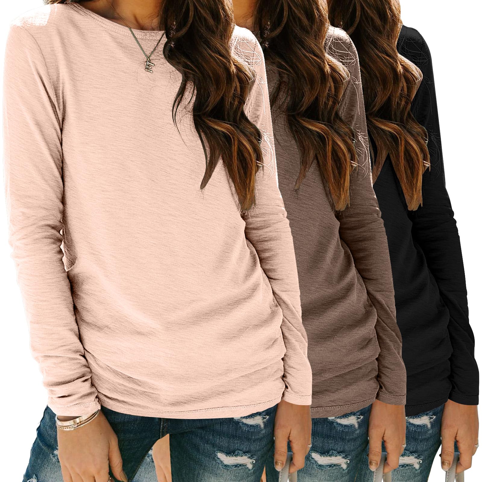 Zeagoo 3 Pack Long Sleeve Shirts for Women Trendy Loose Fit Crewneck Basic Tee Tunic Tops Fall Outfit Clothes