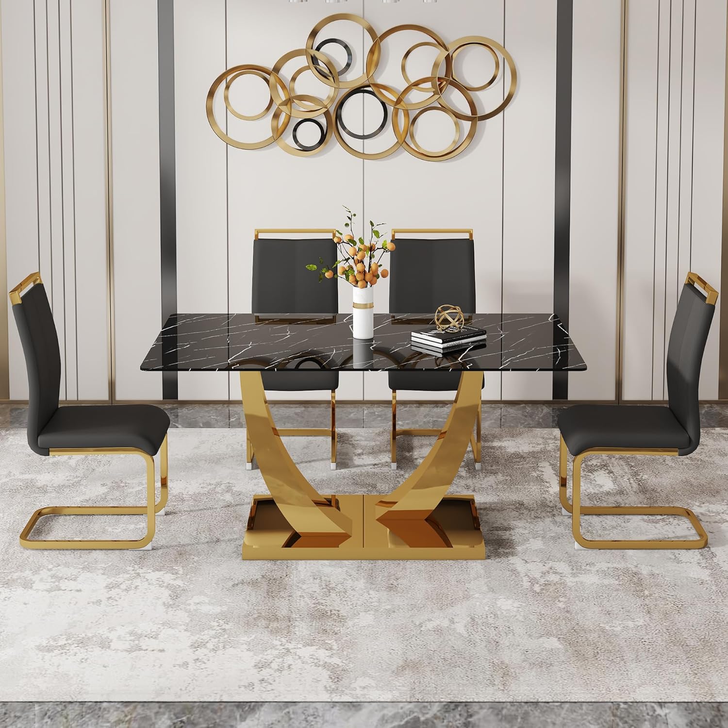 63” Dining Table Set for 4,Modern Gold Dining Room Table Set for 4, Faux Marble Kitchen Table Set with PU Leather Chairs,Black Dinner Table Set with Tempered Glass Top and Gold Base