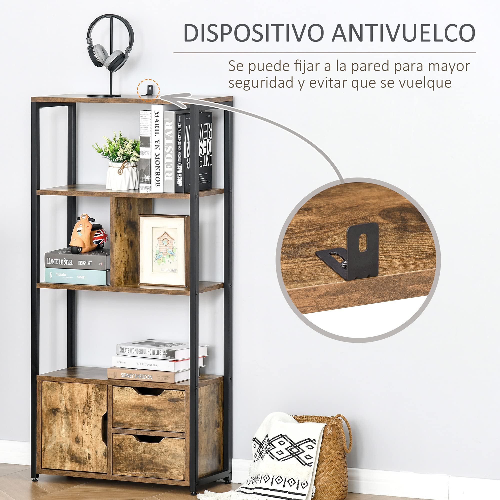HOMCOM Librería, Estantería para Libros con 4 Estantes, 2 Cajones y Puerta, 58x24x122 cm, Estantería Industrial para Salón, Dormitorio, Estudio, Oficina, Marrón Rústico