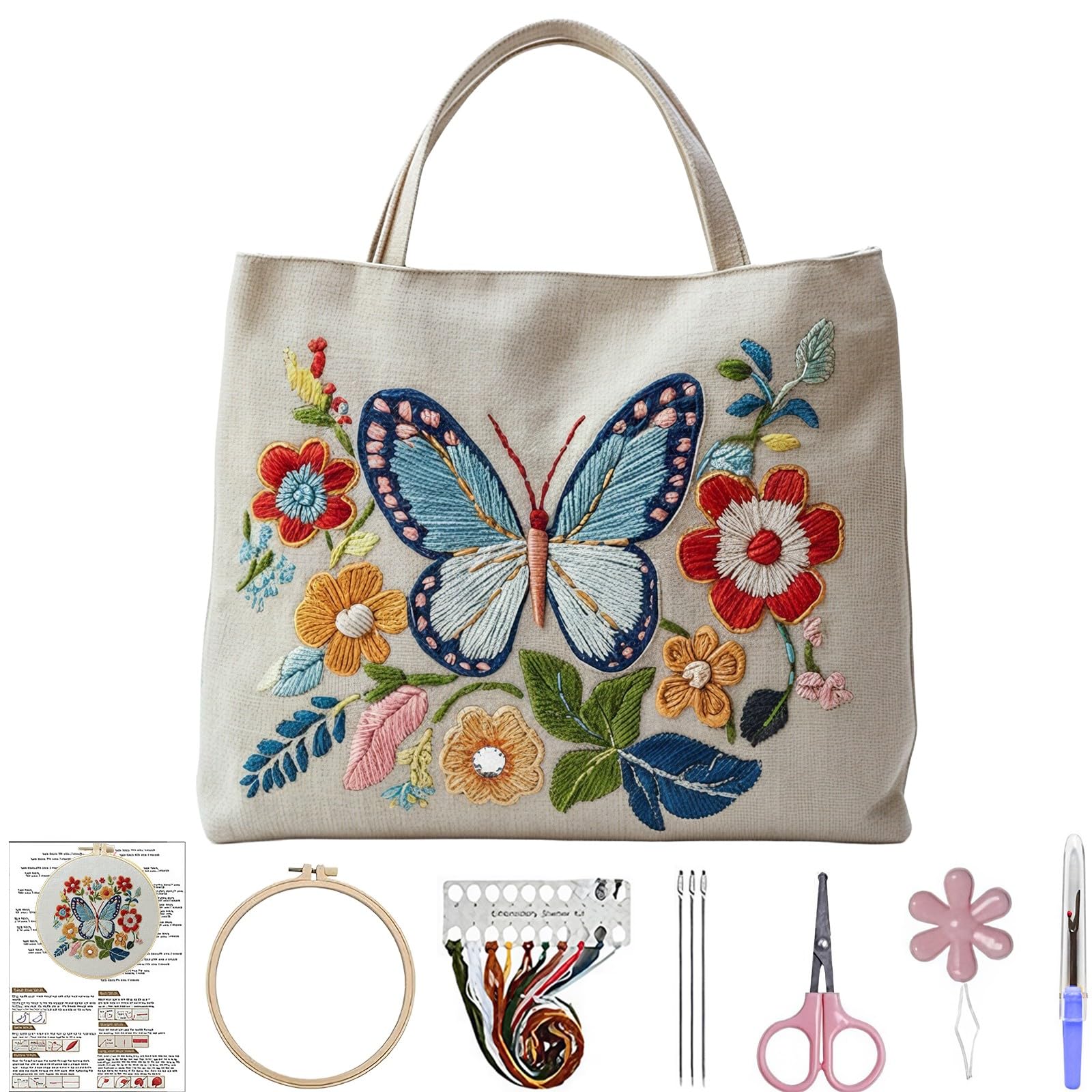 Lebartm Embroidery Tote Bag Embroidery Kit for Beginners Cross Stitch Handbag Butterfly Patterns with Hoop Needle Threads Fabric Reusable Grocery Bag for Women-Butterfly03 — image 1