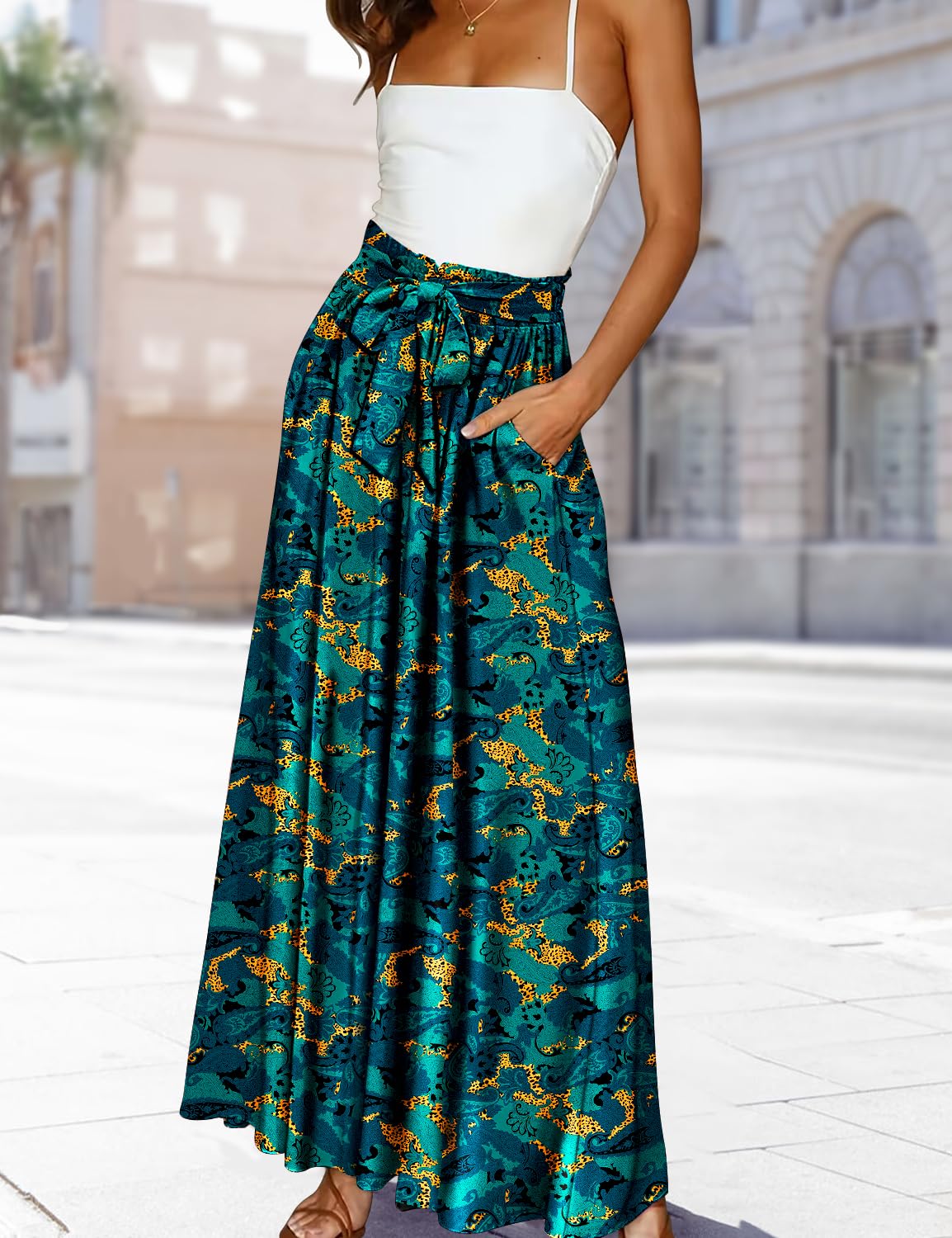 YESNO Women Wide Leg Pants High Waisted Floral Boho Palazzo Culottes Casual Flowy Tie Knot Trousers with Pockets PPS