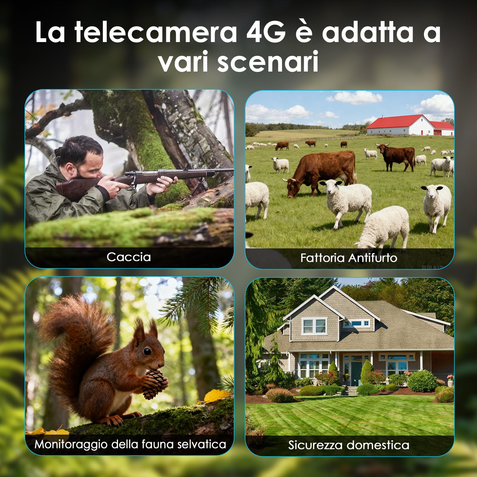 WOLFANG Fototrappola 4G con SIM e 64GB SD, 2K 48MP HD Fotocamera Solare Caccia con Batteria da 5200 mAh, Infrarossi Rilevatore di Movimento Visione Notturna IP66 Impermeabile