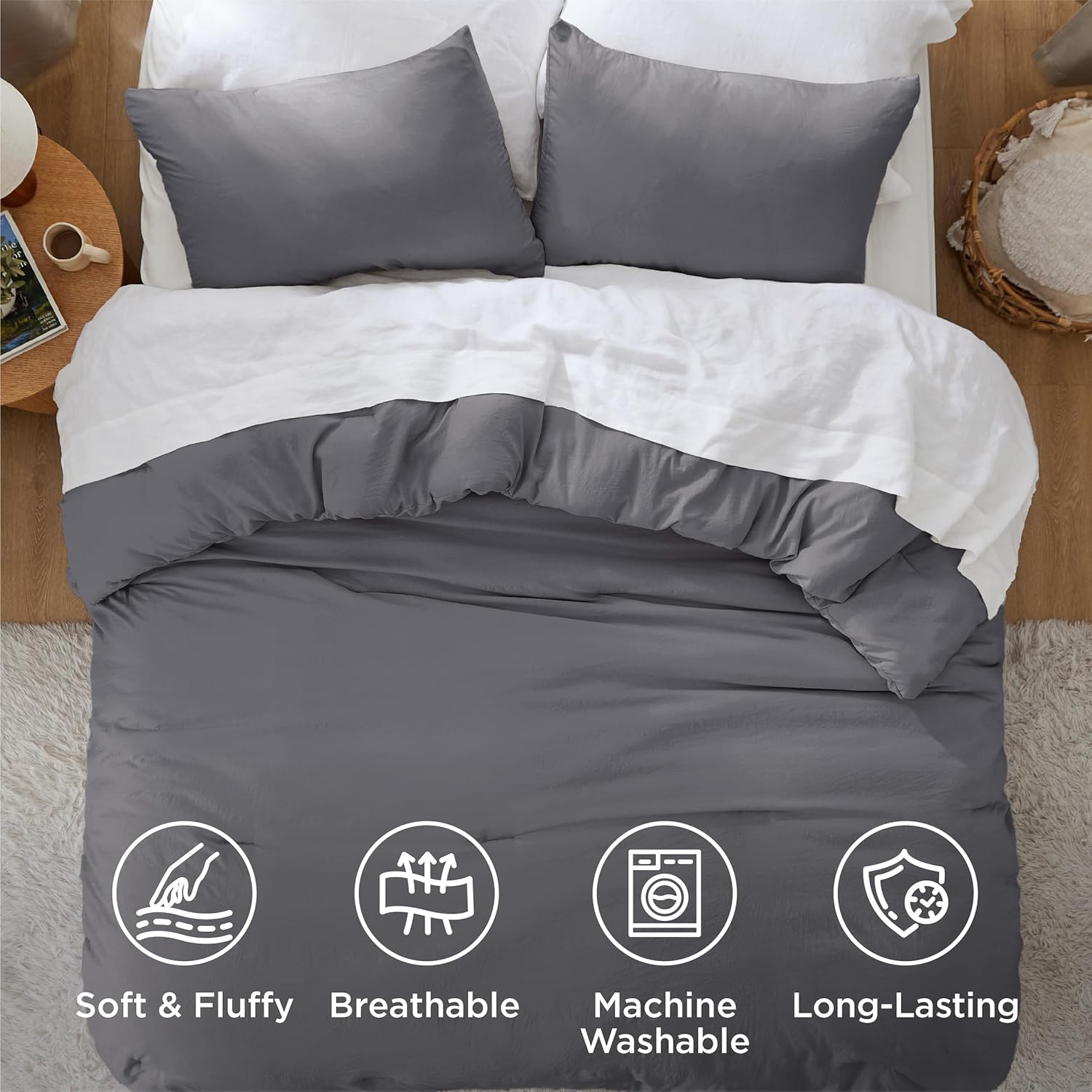 Bedsure King Comforter Set, Dark Grey Soft Prewashed Bedding for All Seasons, 3 Pieces GentleSoft™ Bed Set, 1 Lightweight Comforter (104"x90") and 2 Pillowcases (20"x36") - Image 4