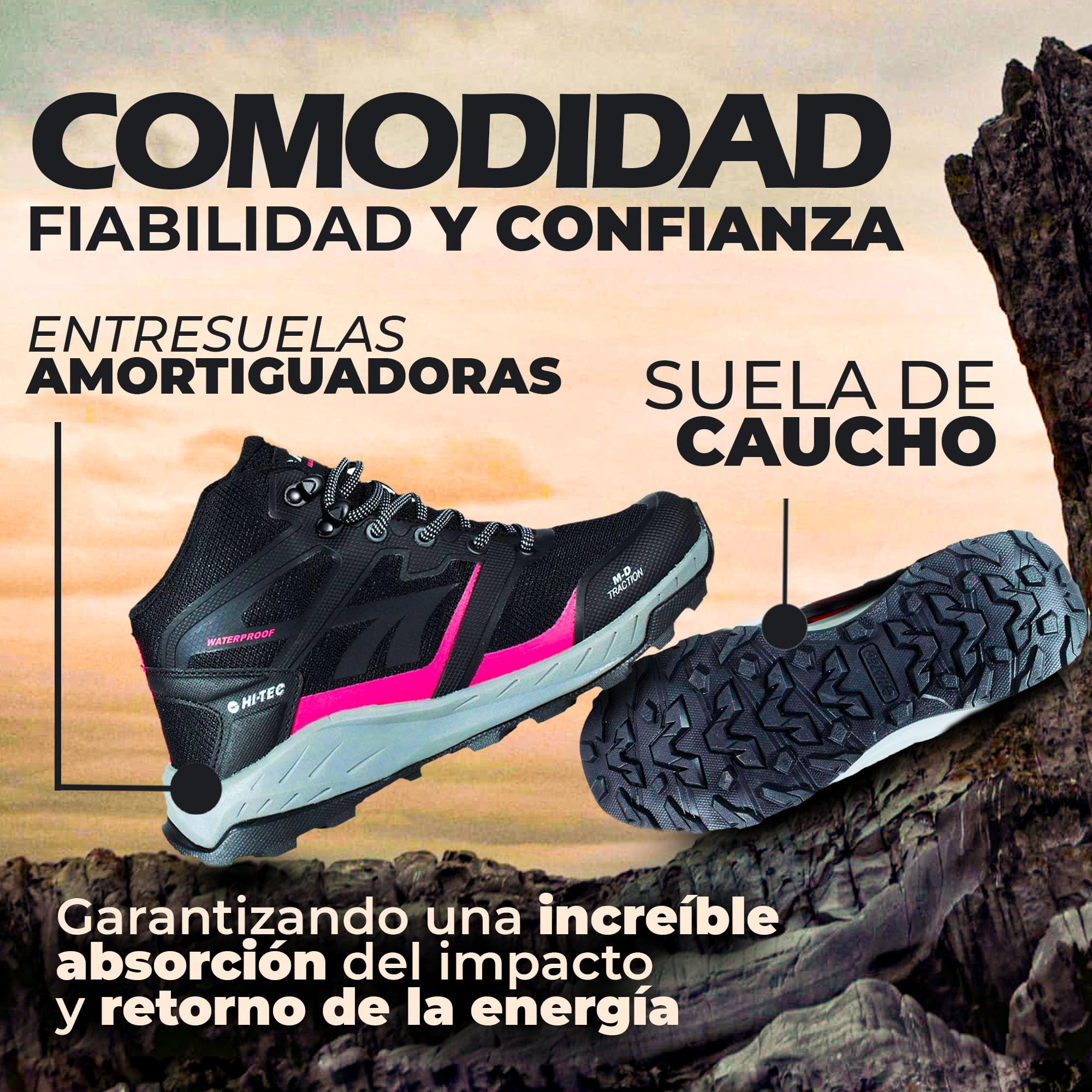 HI-TEC Toubkal Mid WP - botas de montaña mujer,zapatillas trekking con confort y protección, buena tracción y agarre, tirador trasero, membrana impermeable, ajuste seguro, ideales para senderismo