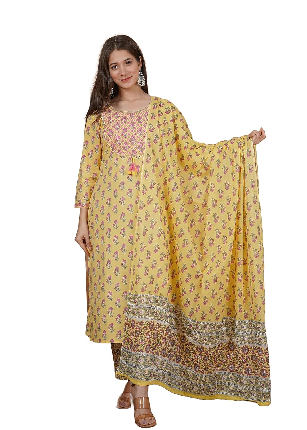 MEERA FAB Women’s Cotton Printed Printed Straight Embroidery Kurta with Palazzo & Dupatta Set
