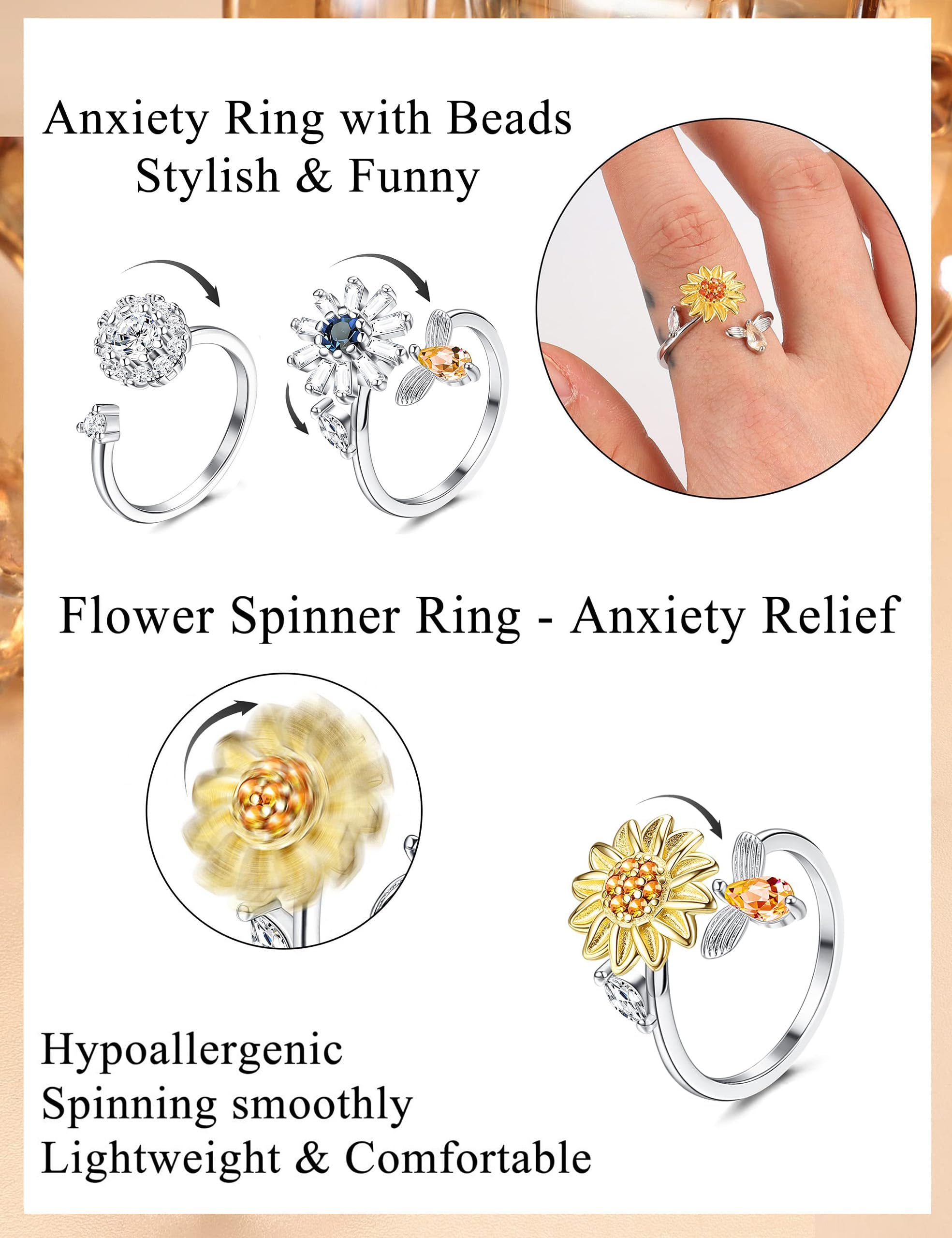 Krfy Anxiety Ring Spinner Angst Ringe für Damen Silber Fidget Ringe Sonnenblumen Set Zirkonia Zappelringe,Verstellbar Stapelbare Anti Stress Ring für Damen Tochter Geburtstags-Party-Geschenkel