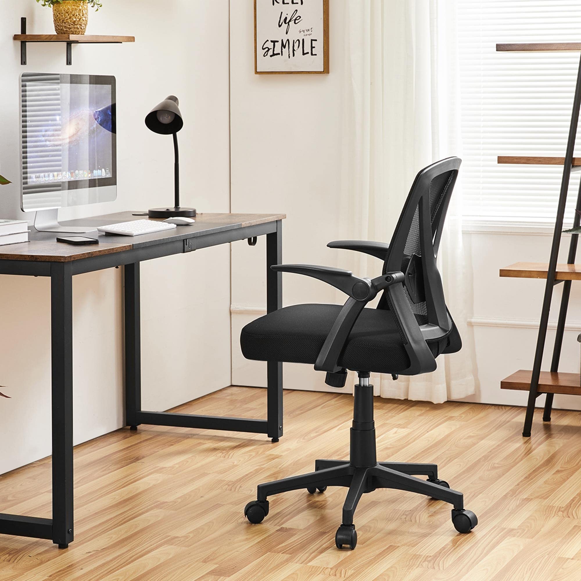 Abician Fauteuil de Bureau Fauteuil d’Ordinateur en Maille avec Accoudoirs Relevables Support Lombaire Ajustable Assise Rembourrée Réglable en Hauteur Noir