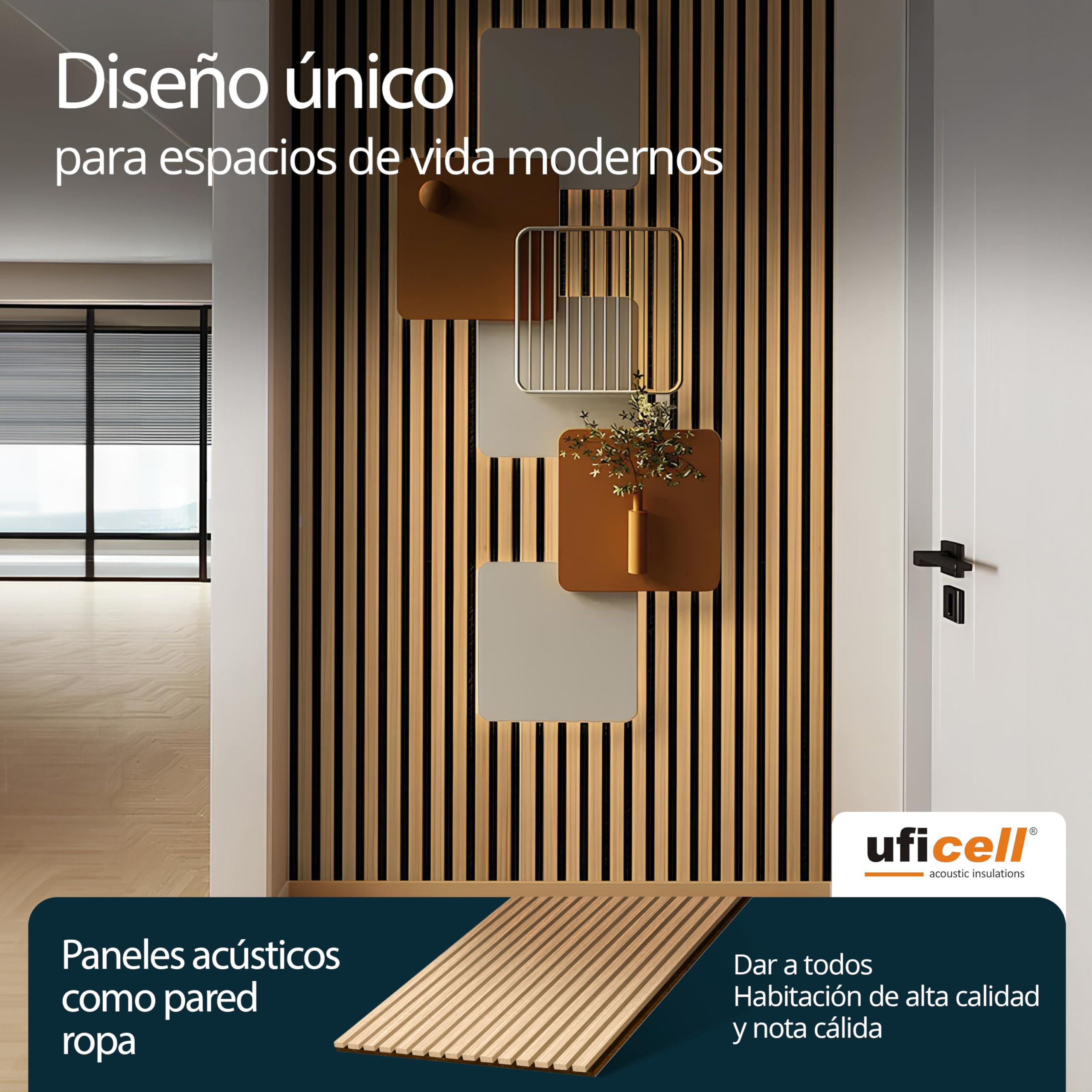 Paneles acústicos Roble Plateado, paneles de pared como revestimiento de pared, fieltro negro, superficie: madera auténtica, formato: 1000 x 480 mm, ancho de las láminas: 27 mm