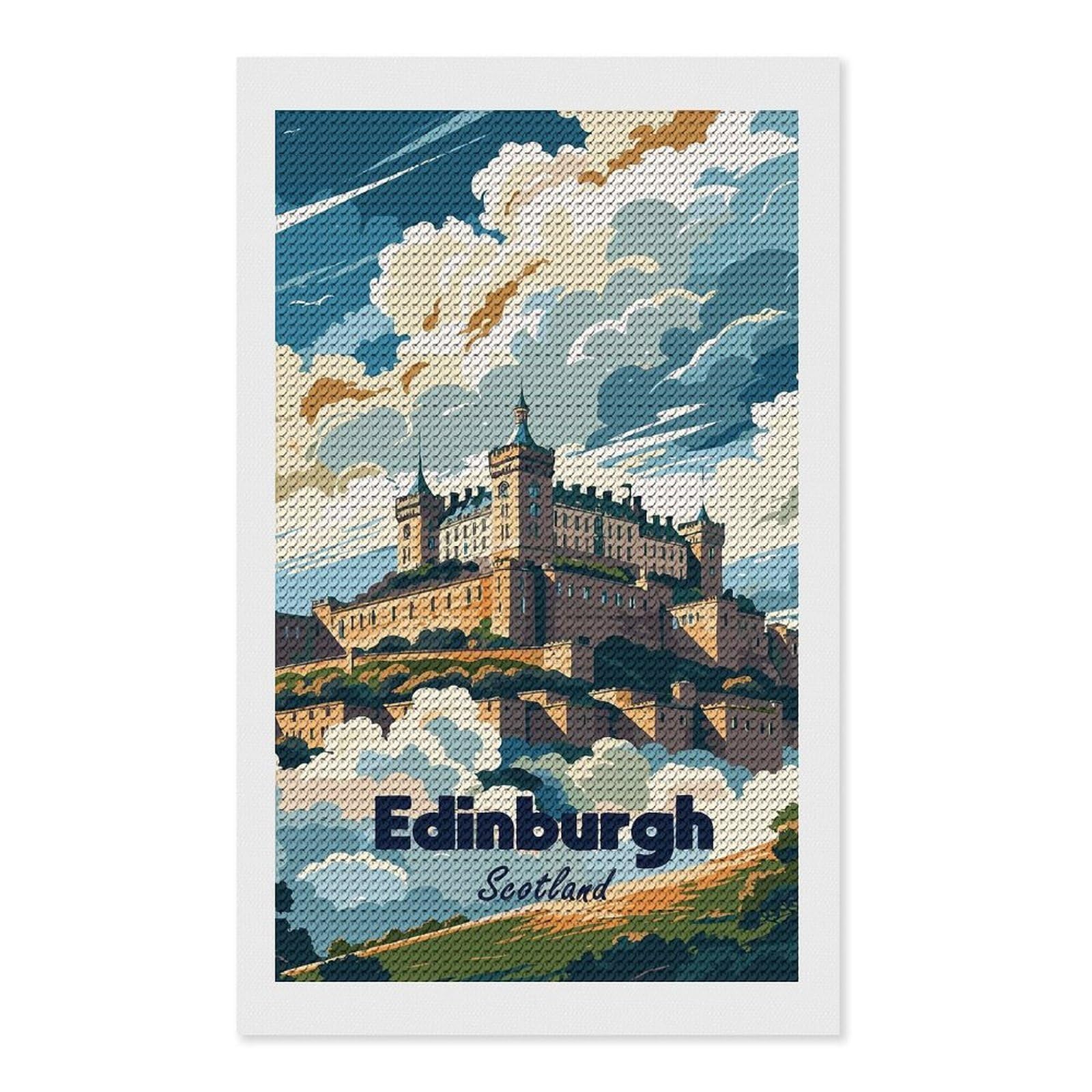 Junmoney Edinburgh Castle, Scotland Travel Diamond Painting Canvas Set 12"x20", Boho Decor, for Craft Lovers, Easy Handmade Project, Holiday Gift Idea