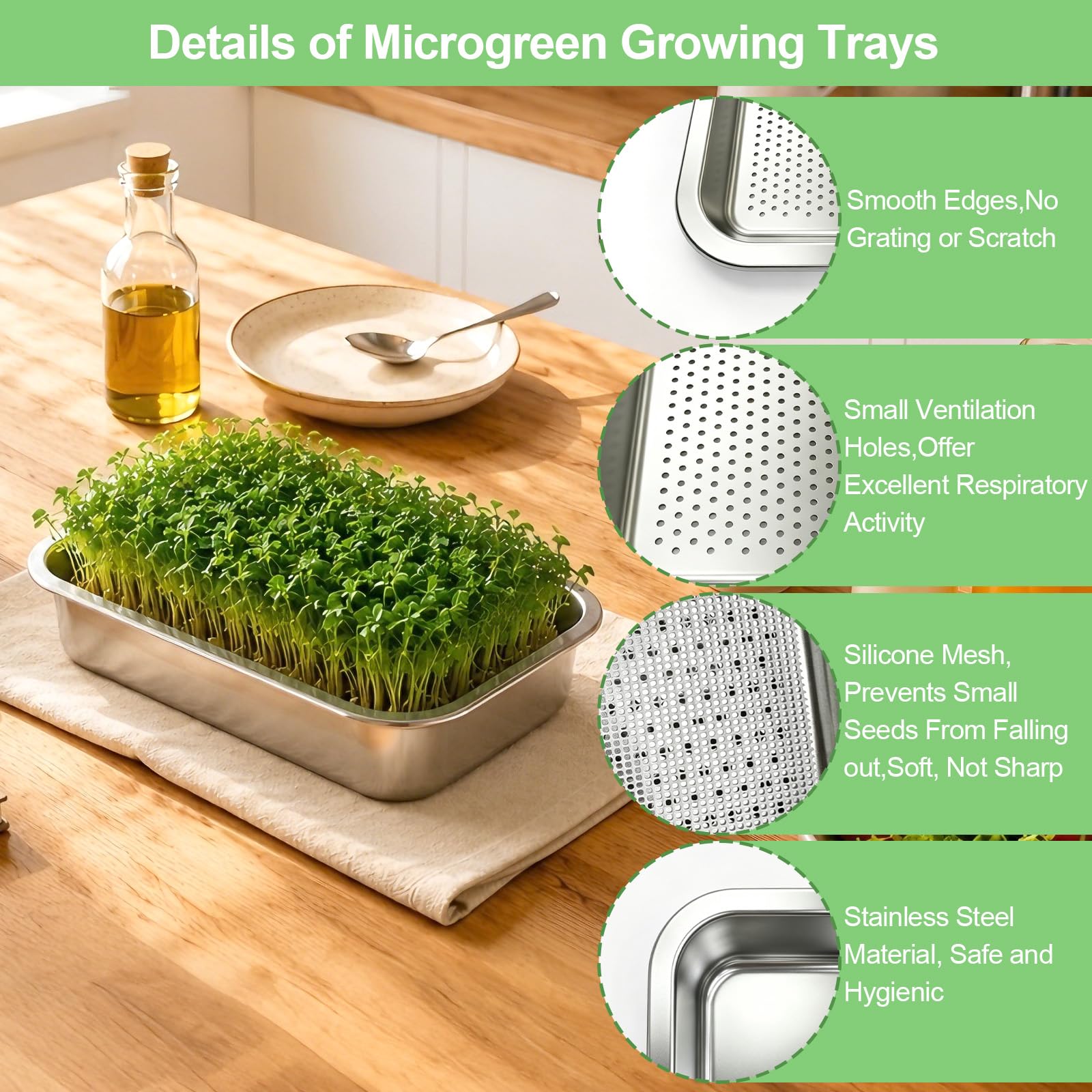 1er Set Sprossen Anzuchtset Edelstahl : 2-in-1 Keimschalen Set für Sprossen mit Silikonsieb & Stoff-26 x 19 cm Microgreens Anzuchtschalen für Katzengras Kresse- Profi Wiederverwendbare Keimschale