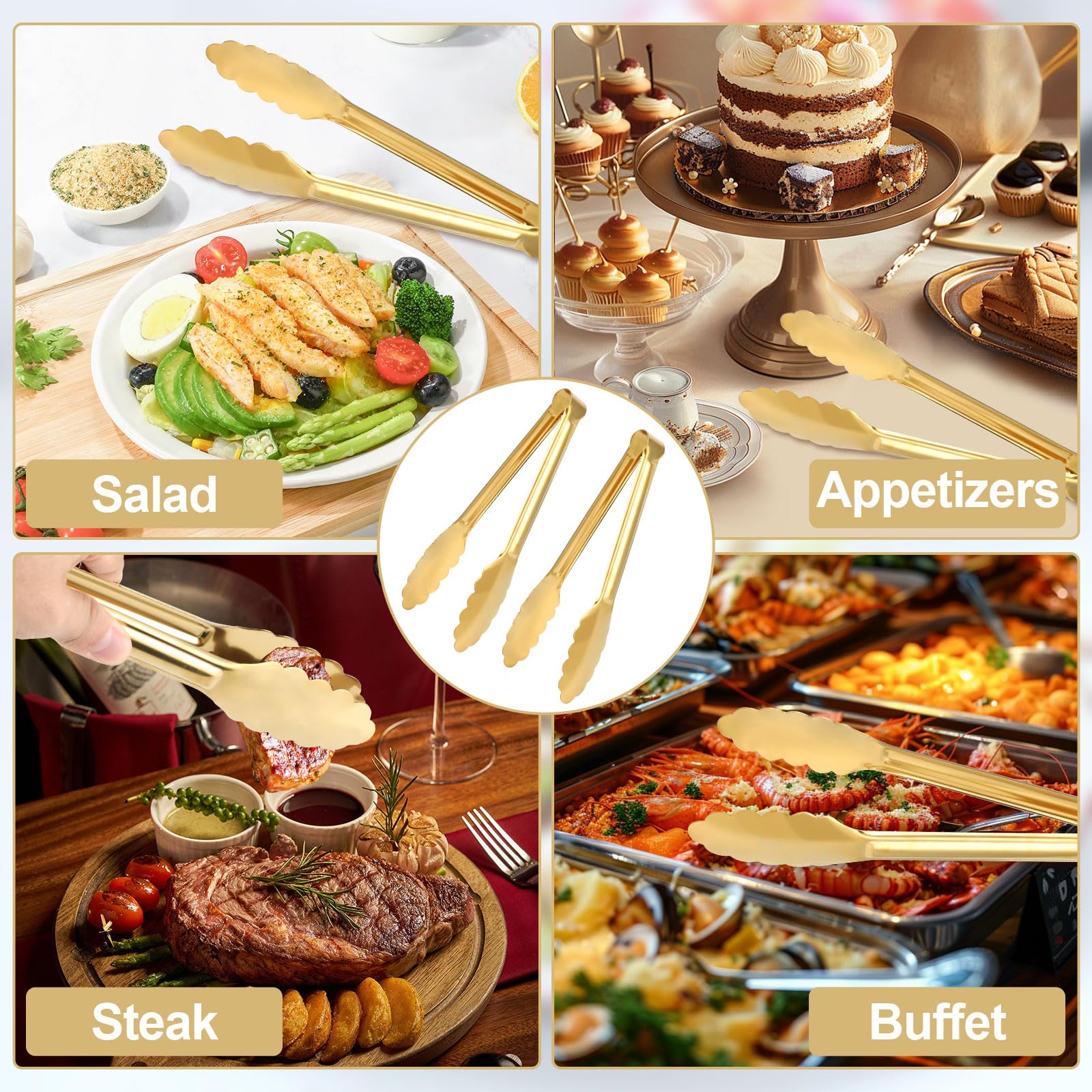 Paquete de 4 pinzas doradas para servir alimentos, pinzas de servir de 9 pulgadas, pinzas doradas de acero inoxidable, pinzas de cocina de metal para ensalada, filetes, aperitivos, aperitivos y