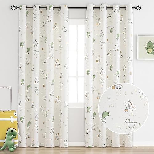 Cortinas de dinosaurio para niños de 84 pulgadas de largo para dormitorio de niños, diseño de dibujos animados de dinosaurios, con ojales, estampado