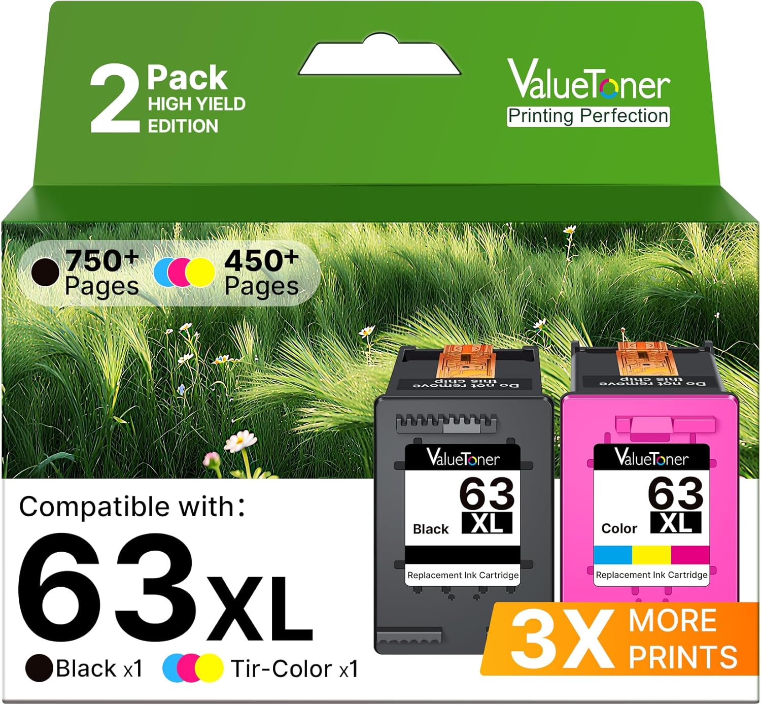 Valuetoner for HP Ink 63 Replacement for 63XL Ink Cartridges Black and Color 63 Ink to use for HP Officejet 3830 4520 4650 4655 5252 5255 5222 5255 5258 Deskjet 2130 2132 3630 3632 (1 Black, 1 Color)