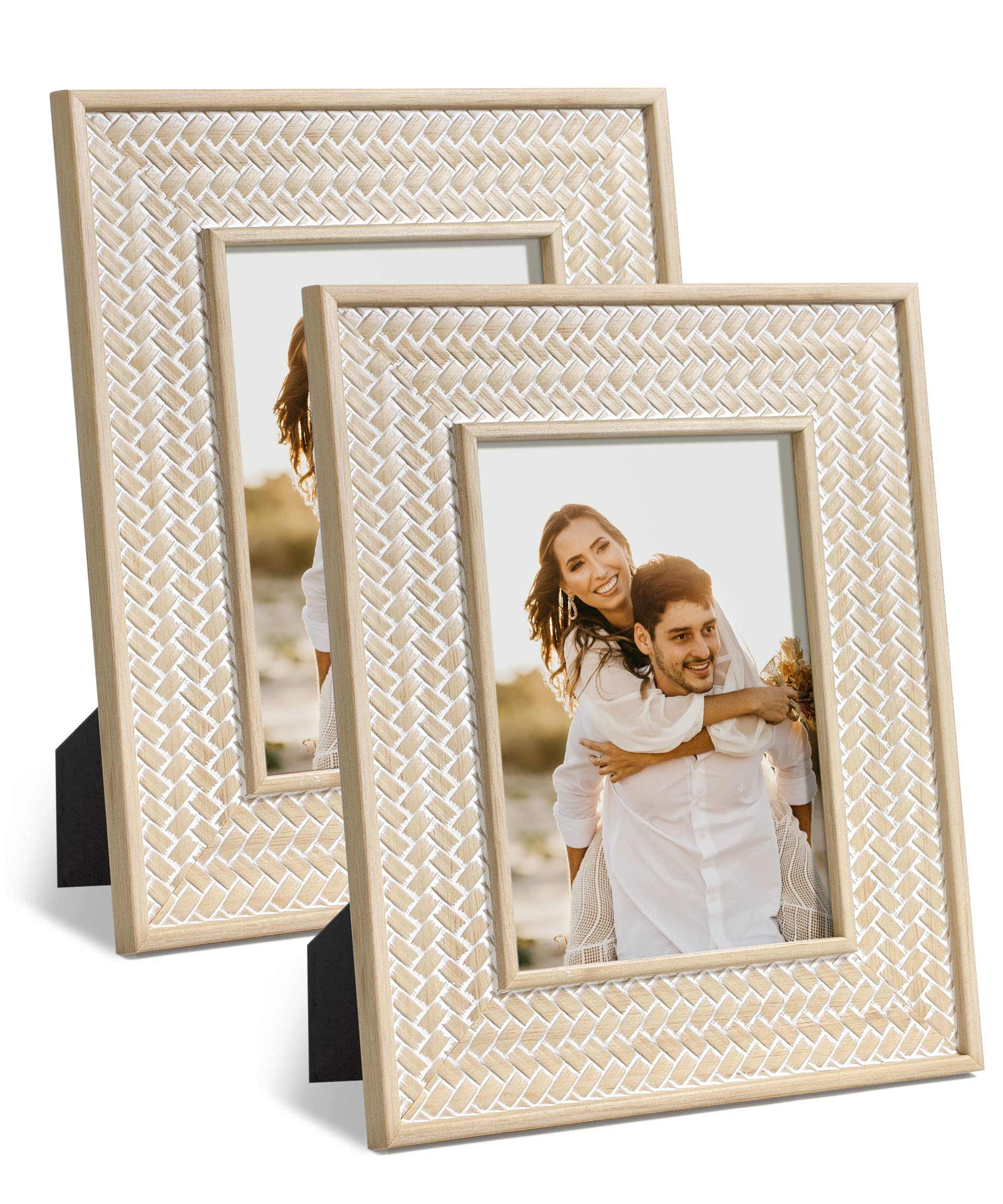 Afuly5x7 Picture Frame Boho Picture Frames Nature Beige Bohemia Photo Frame for Office Bedroom Home Desk Wall Decor, Anniversary Wedding Gifts for Mom Grandma, Set of 2