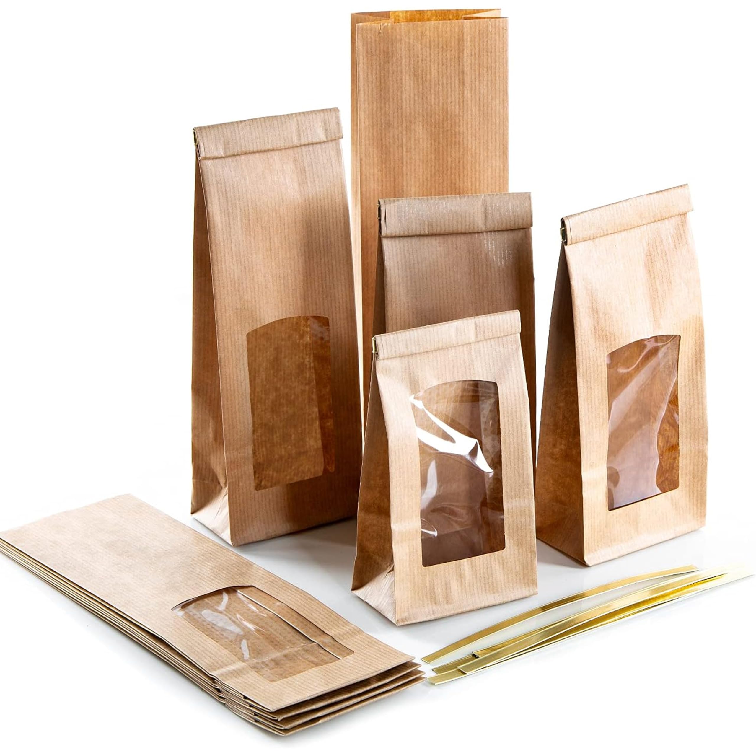 Sacchetti kraft con finestra trasparente, 100 pezzi: buste carta per alimenti con clip dorate, tè, spezie, dolci, regali fai da te, bustine blocco fondo, richiudibili, 26,5 x 8,5 x 5 cm