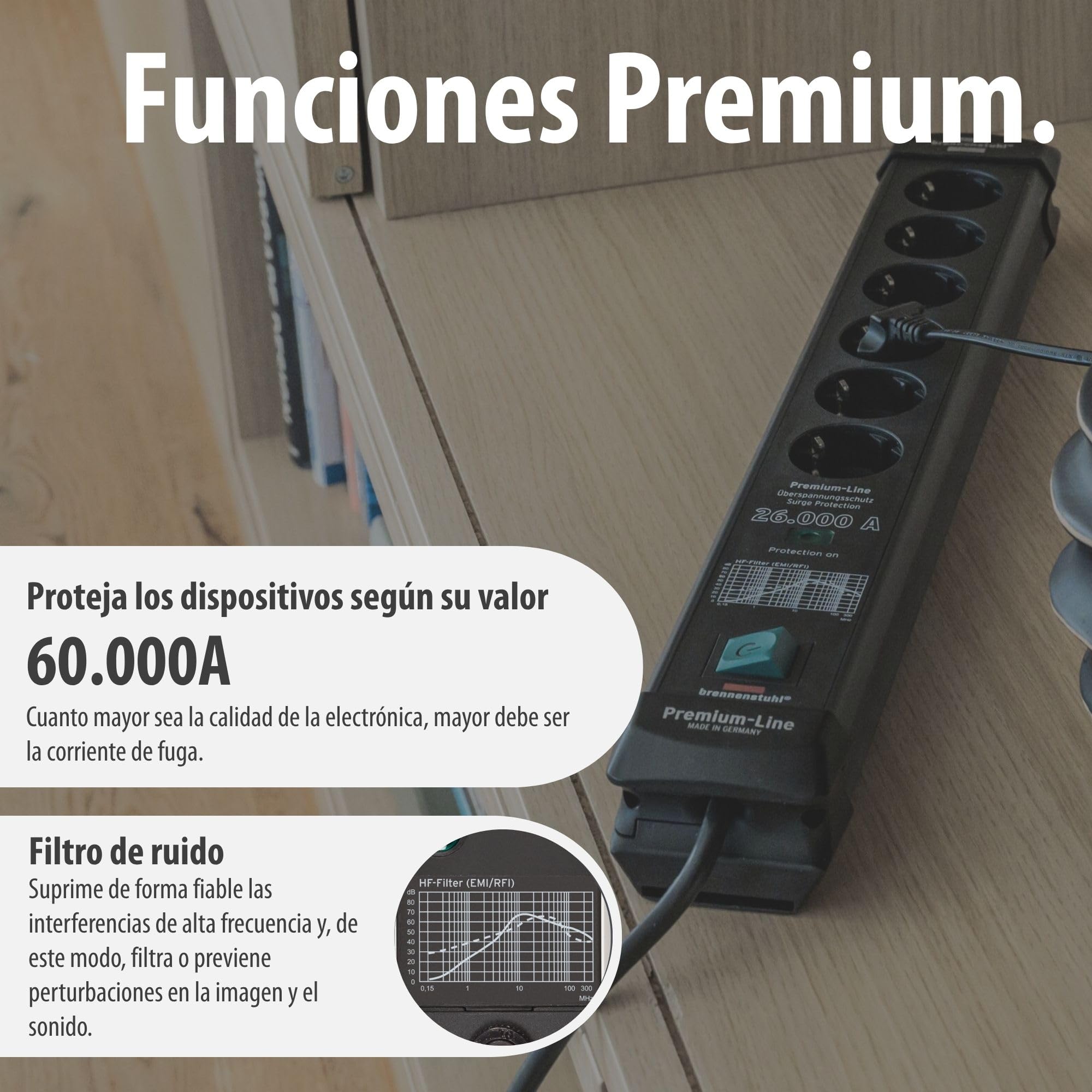 Brennenstuhl Premium-Line regleta enchufes de 6 Tomas con protección contra sobretensiones hasta 60.000 A (Cable de 5 m, Interruptor, montable, Fabricado en Alemania) Negro
