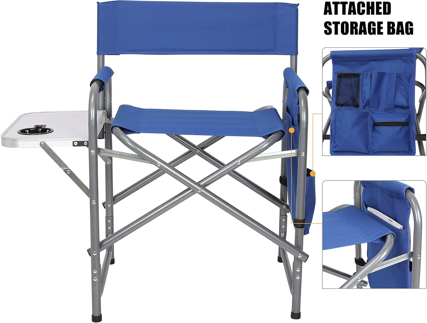 Ubon Steel Frame Portable Director's Chair - Ultra-Wide & Lightweight Seat with Collapsible Side Table & Pockets - Foldable Seat for Camping, Beach, Travel, Sports Games - 300lb Capacity - Dark Black : Sports & Outdoors