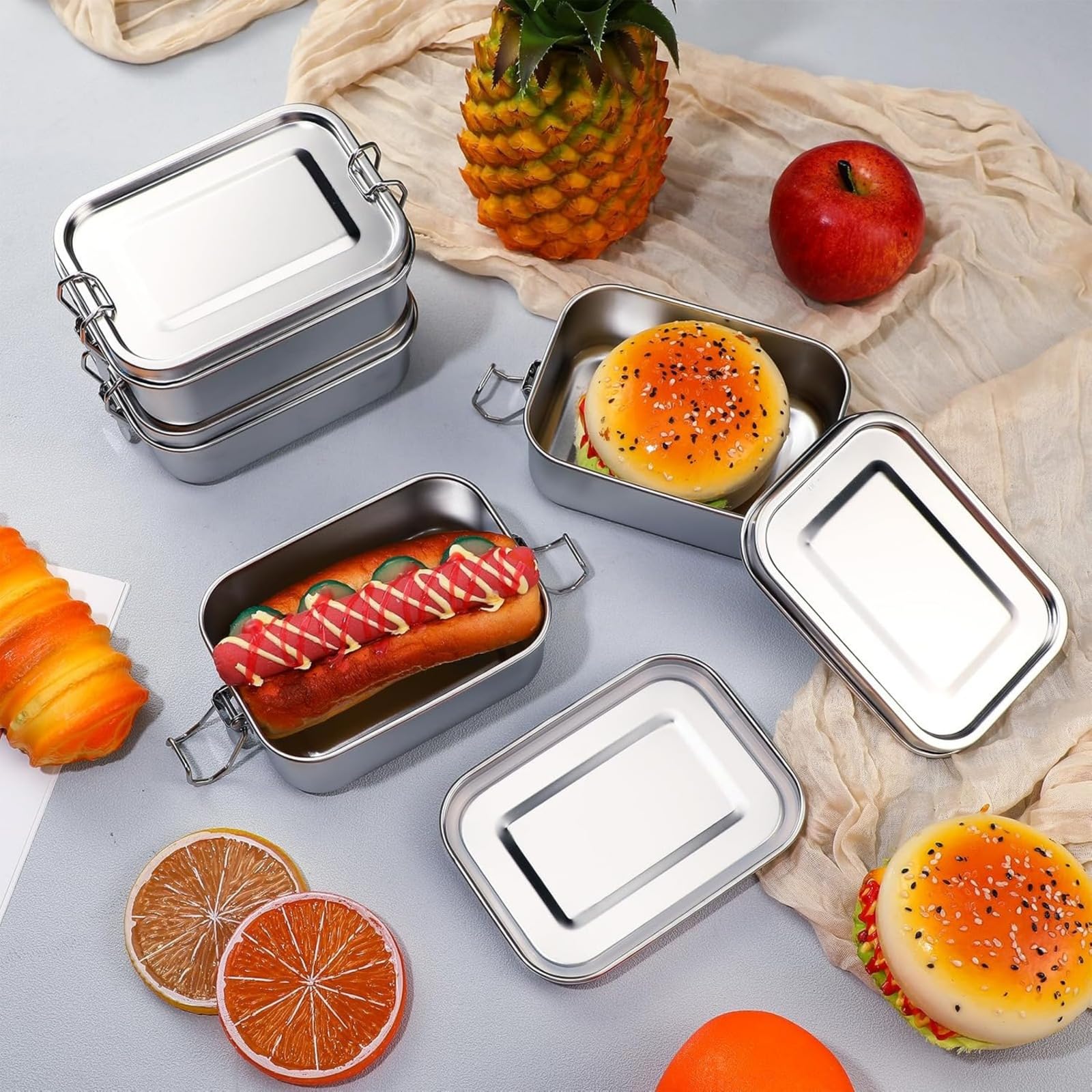 Set de 4 Fiambrera Acero Inoxidable, Contenedores de Almuerzo Reutilizables con Clips Bloqueables a Prueba de Fugas, Ideales para Trabajo, Escuela y Picnic (850ml)