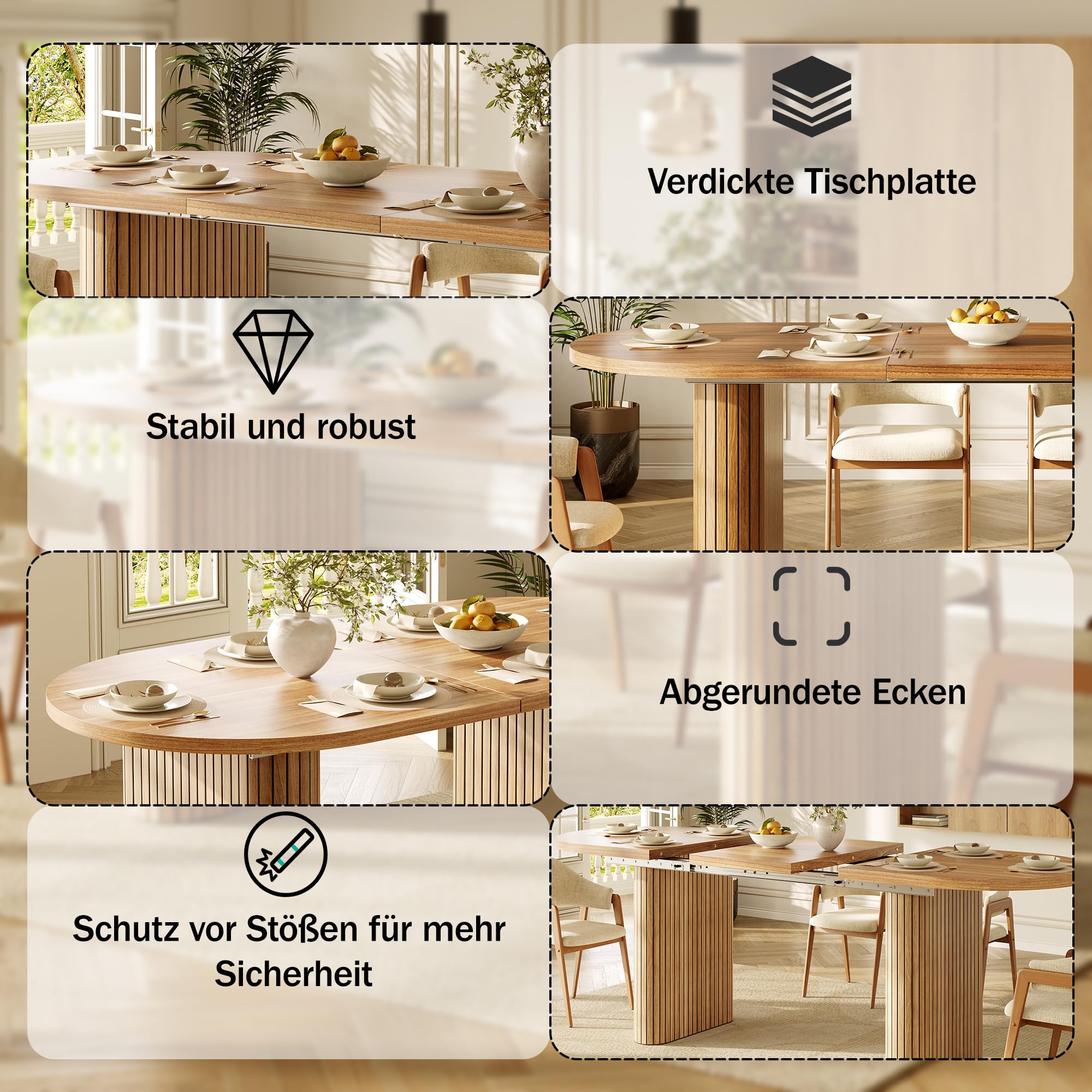 Tavolo da pranzo allungabile 120-160 cm, tavolo in legno ovale con struttura verticale, portata fino a 60 kg, 3 colori: legno naturale (marrone)
