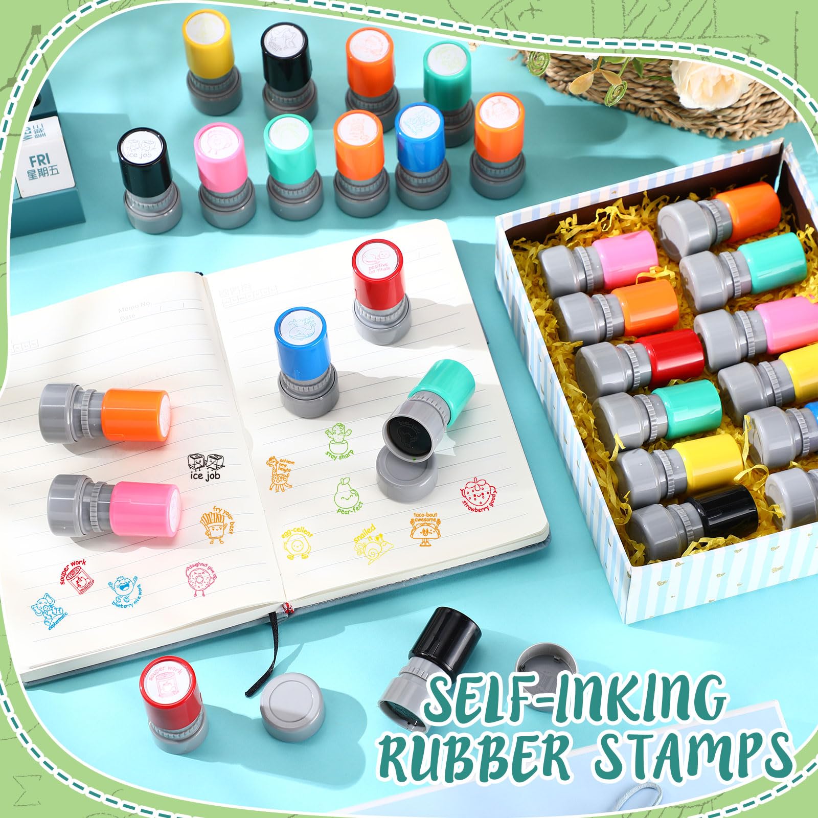 30 timbri colorati autoinchiostranti in plastica per insegnanti, per istruzione, compiti, insegnanti, premi, forniture (stile divertente)