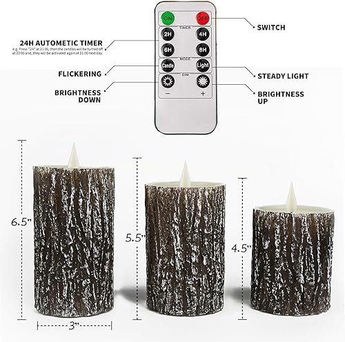 Miniatura 6 de NICEME Juego de 3 velas LED de corteza de pino sin llama, de cera real, funciona con pilas, parpadeantes, con mecha de lágrima, velas eléctricas