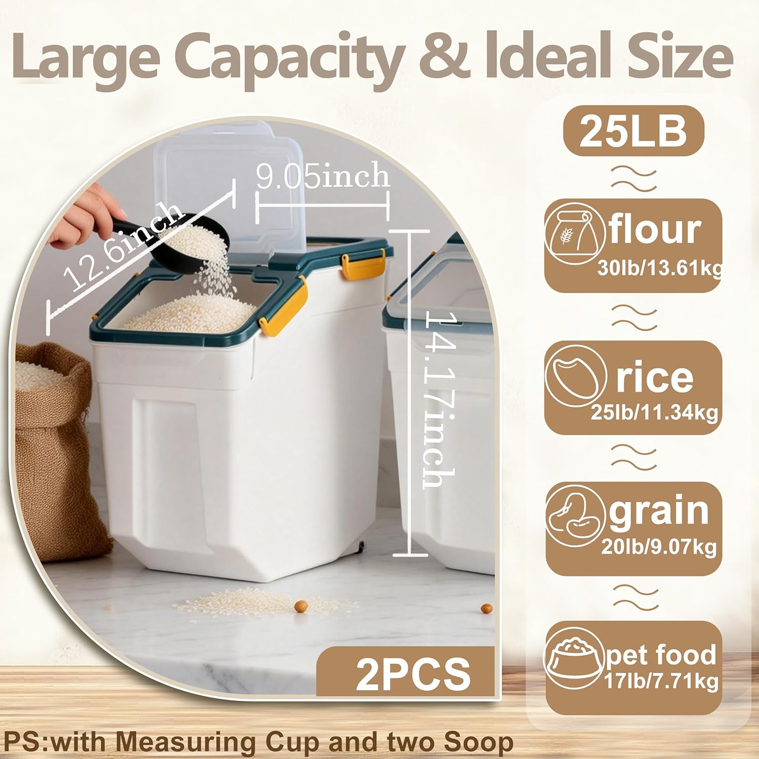 RUIAN Large Airtight Storage Container,25lb Flour Rice Storage Containers Bin with Wheels Seal Locking Lid, with Measuring Cup&Scoop for Flour, Rice, Grain(4PCS,Blue)