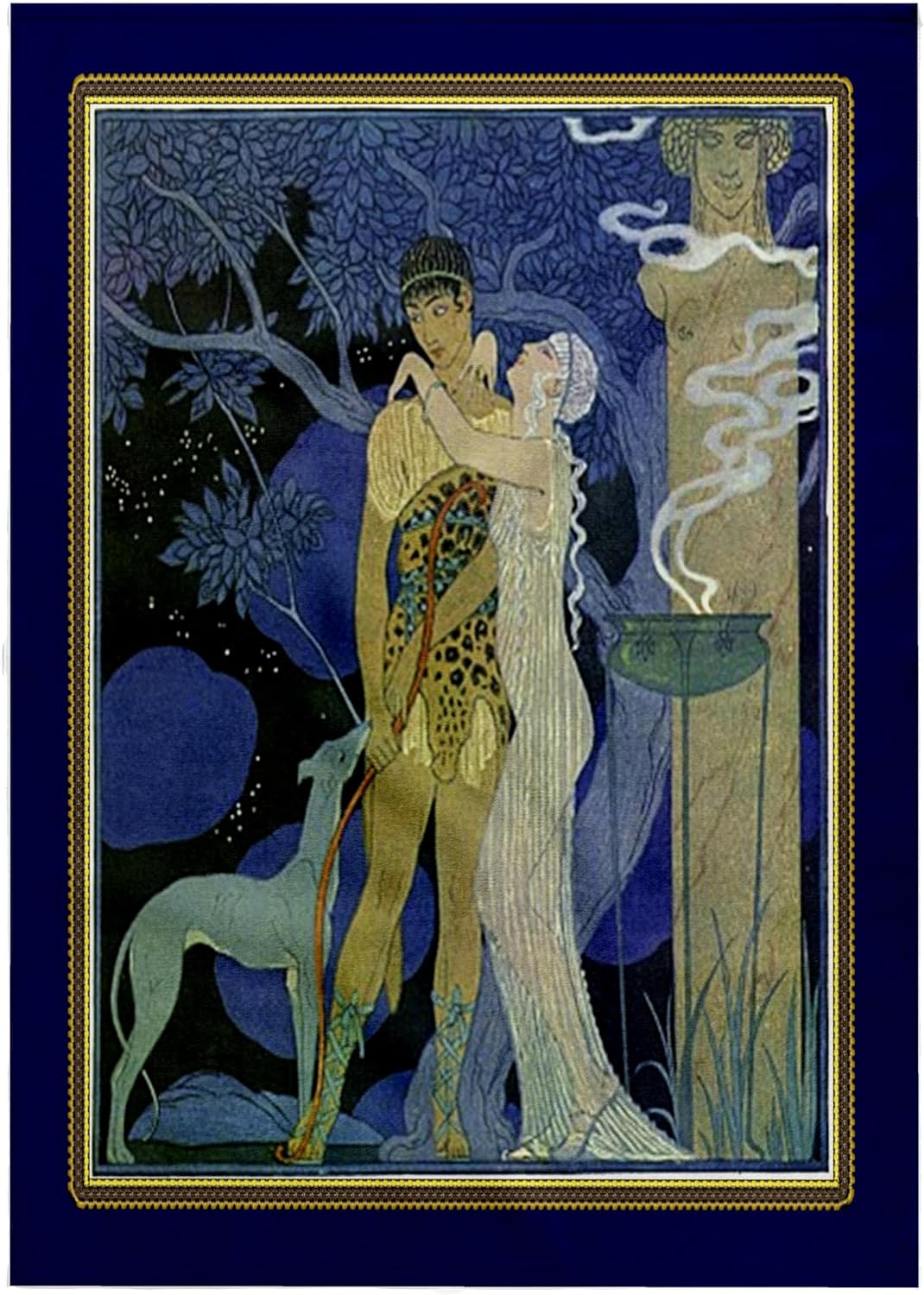 3dRose Art Nouveau Lady Man n Dog in Gold n Navy Frames 22x30 Bath Hand Pool Towel