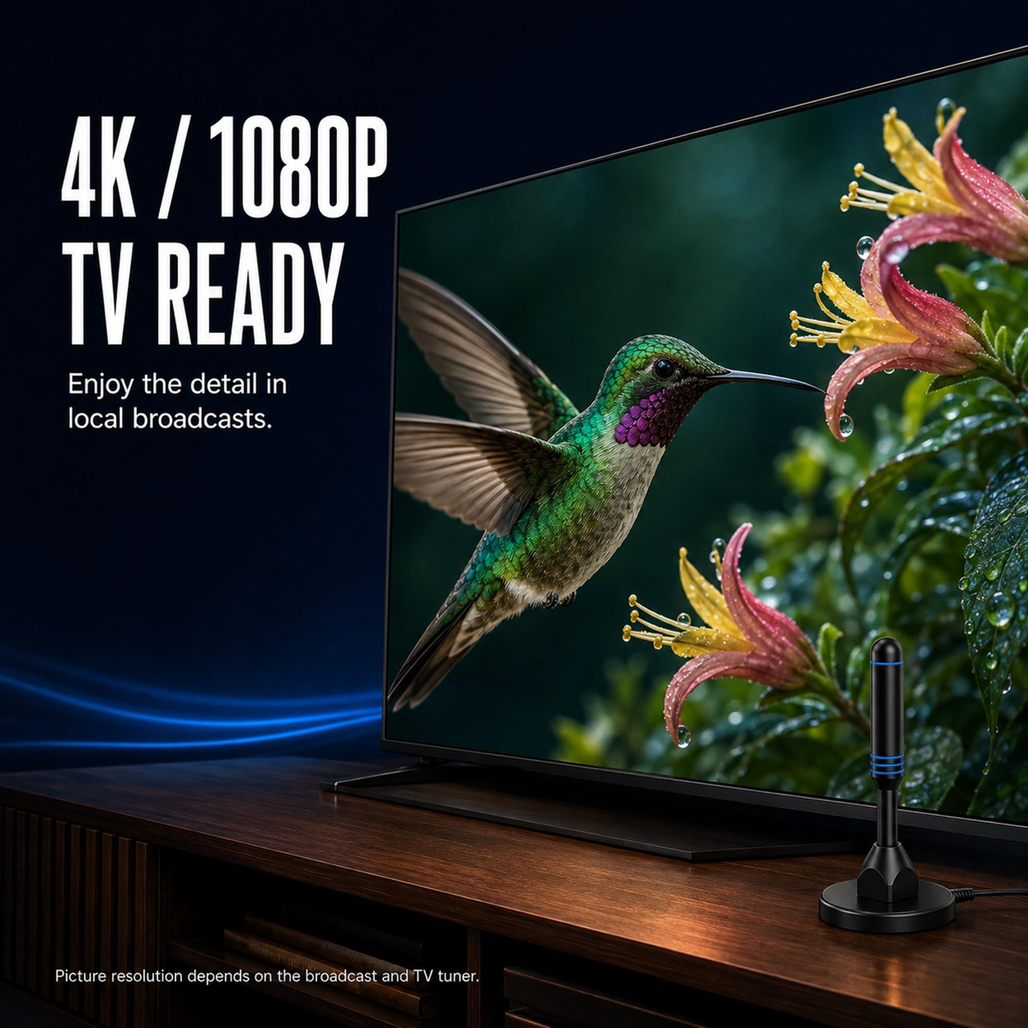 Antenne TV d'intérieur pour Smart TV avec 2 amplificateurs de signal pour tous les téléviseurs intelligents, antenne numérique HD pour chaînes locales, prend en charge 4K 1080p (bleu)