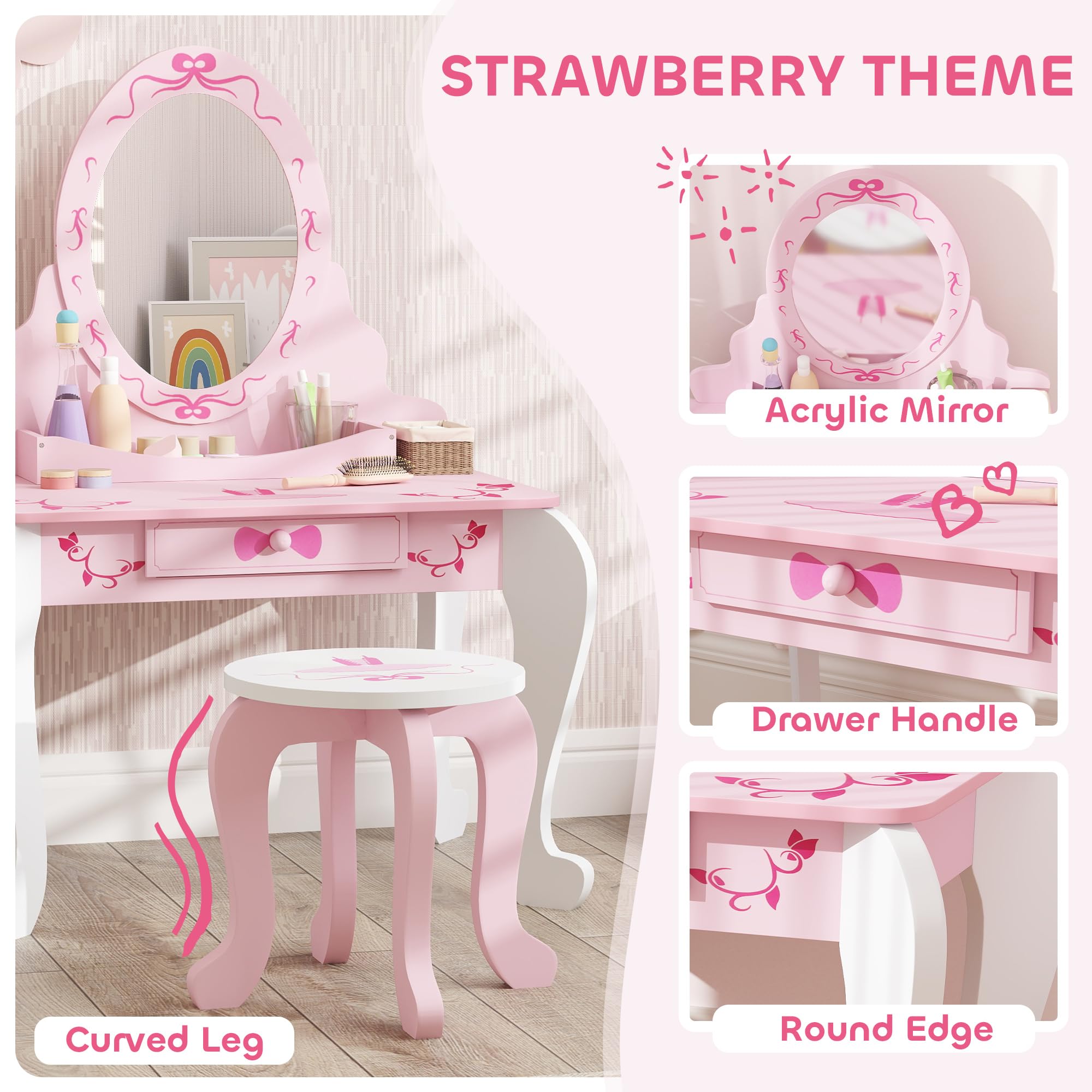 AIYAPLAY, set tavolo da toeletta per bambini, tavolo da toeletta a due pezzi con sgabello, specchio, cassetto, spazio di archiviazione sul desktop, tema del balletto, tavolo da trucco per ragazze