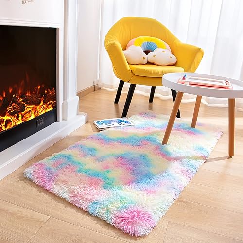 Miniatura 6 de JUNOVO - Alfombras suaves de arcoíris para habitación de niñas, alfombras coloridas y esponjosas para el suelo, alfombra de juego lanuda para niños,