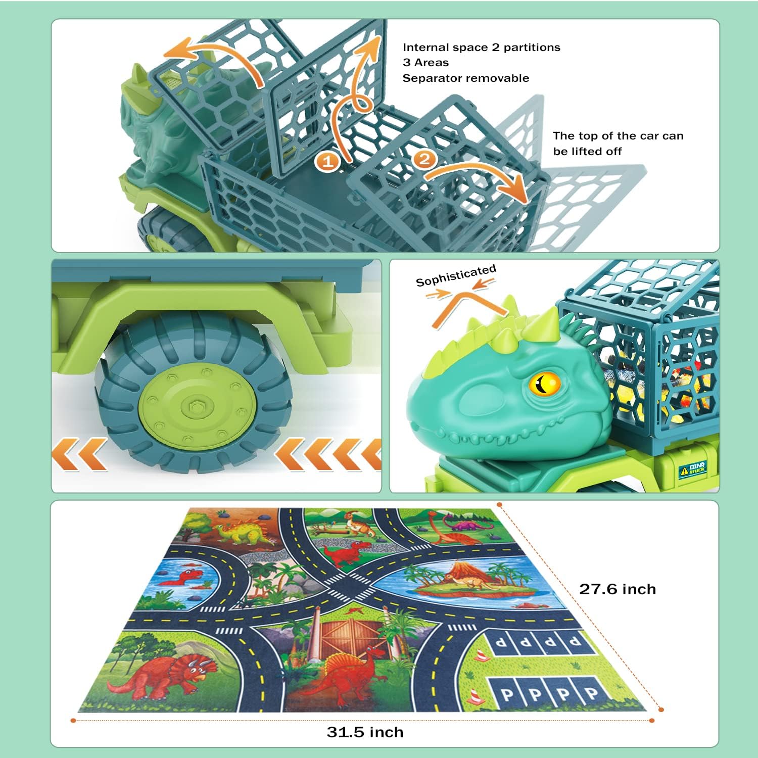 JKGIFTS Dinosaur Truck Toy with 15 Dino Figures & Activity Play Mat, Dinosaur Eggs, Perfect for Kids 3-5, Stocking Stuffer