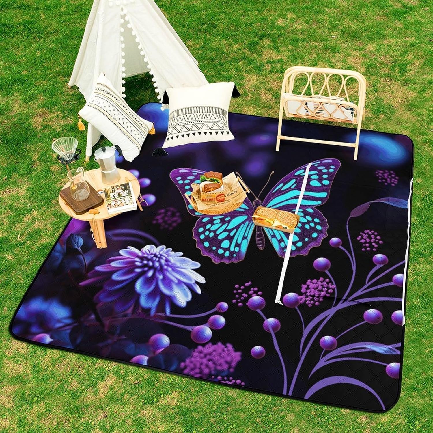 Extra Large Picnic Outdoor Purple Butterfly and Flowers Printed Each Blanket Sand Proof Foldable Blankets for Camping Or Travel