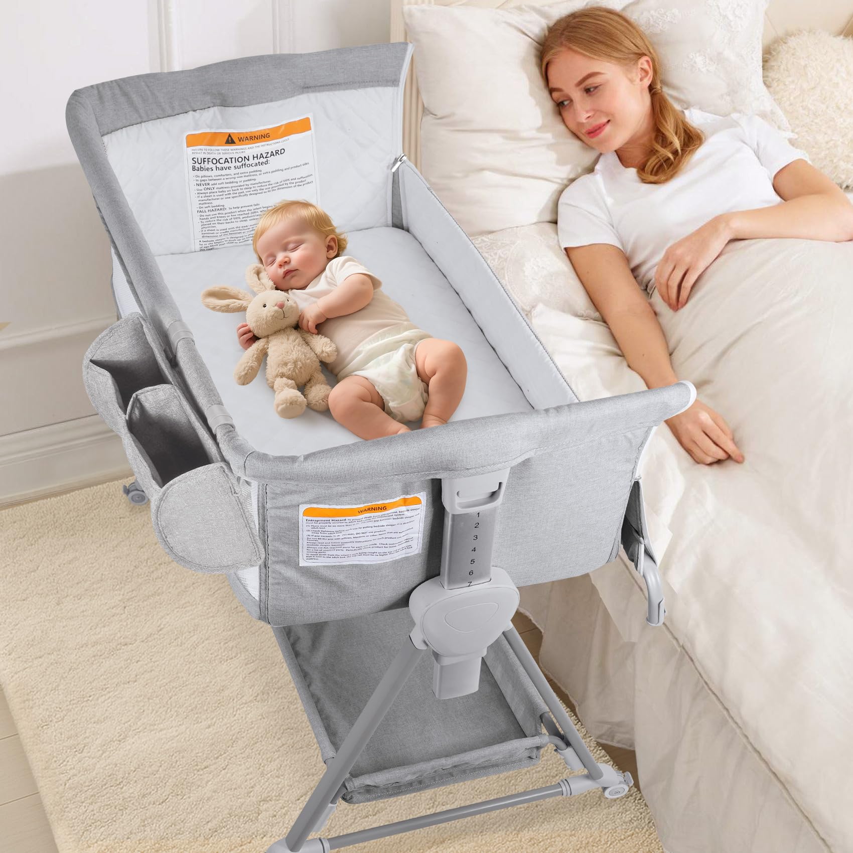 BIERUM Baby Bassinet, Bedside Sleeper for Baby, 7 Height Adjustable Bedside Bassinet with Lockable Wheels, Easy to Assemble Portable Bedside Crib with Large Storage Bag & Mattress for Newborn/Infant