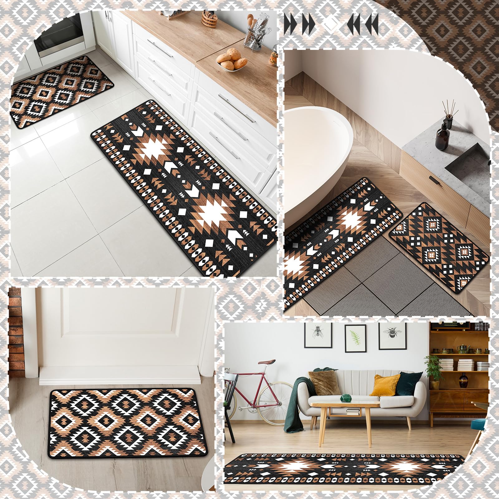 Drydiet Lot de 3 tapis de cuisine aztèques occidentaux et bohèmes - Tapis de sol antidérapants et imperméables - Motif géométrique - Décoration occidentale aztèque pour cuisine, maison, entrée, bar