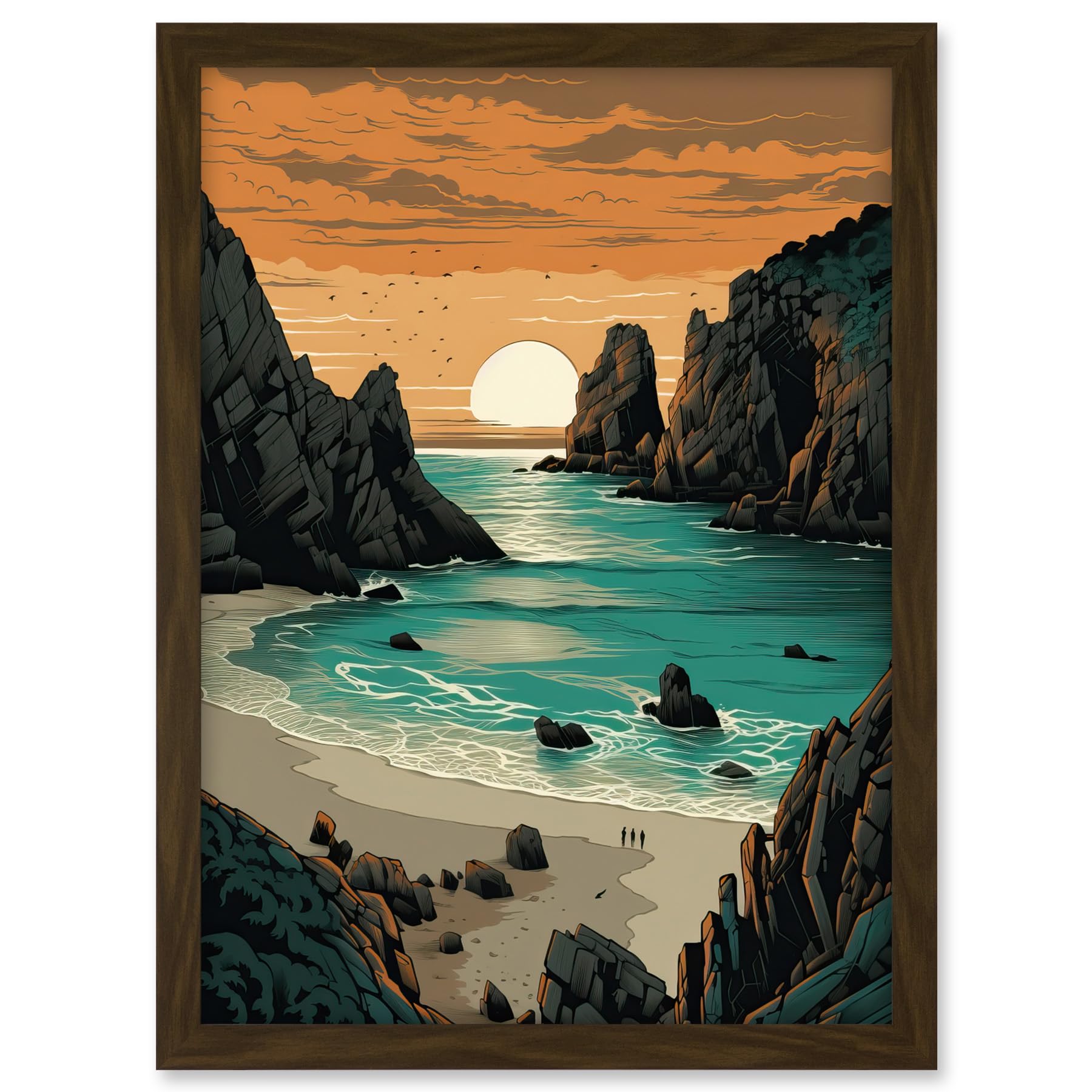 Artery8 Porthcurno Beach Sunrise Coastal Landscape Artwork Framed A3 Wall Art Print