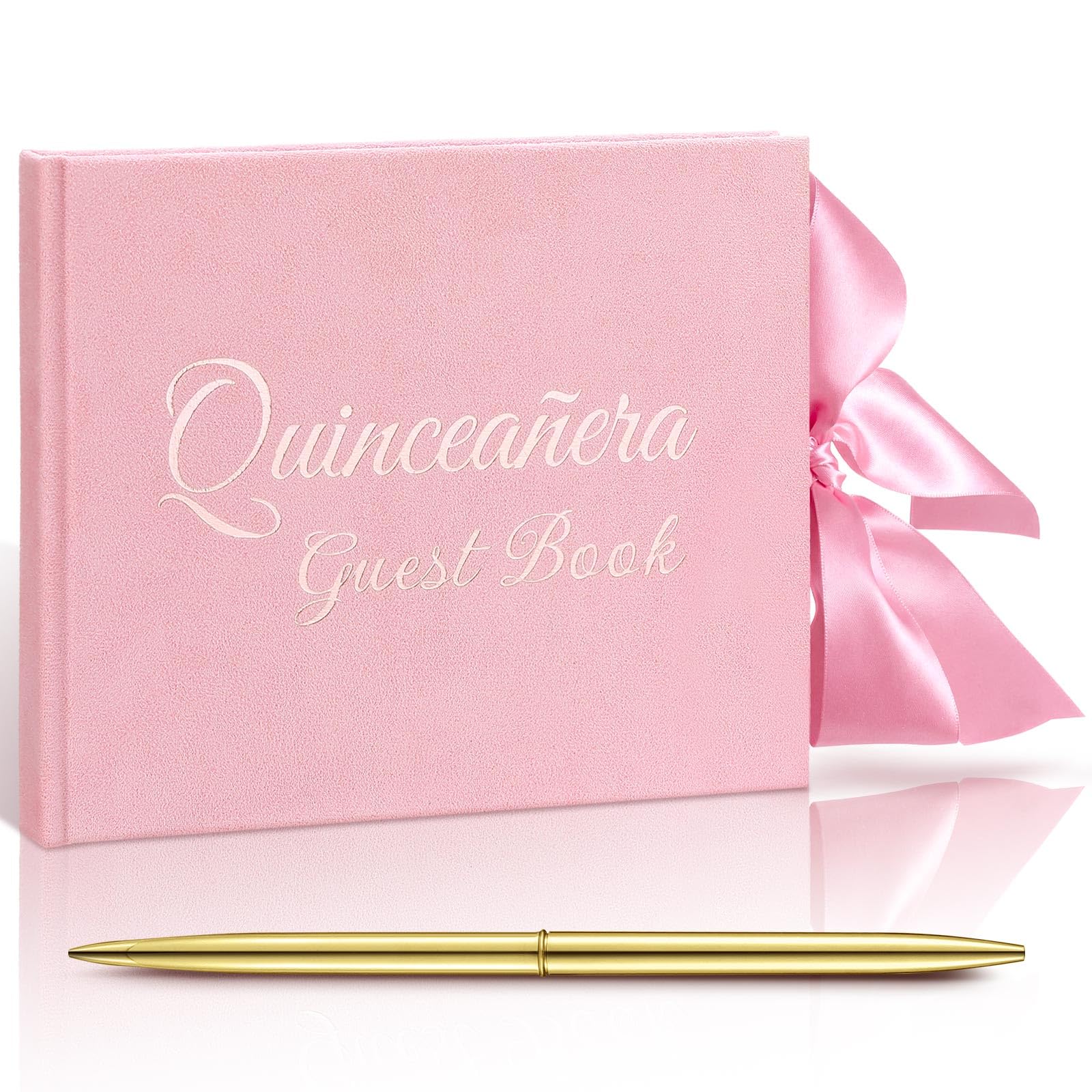 Panelee Velvet Quinceañera Guest Book with Pen Pink Sign in Log with Bow