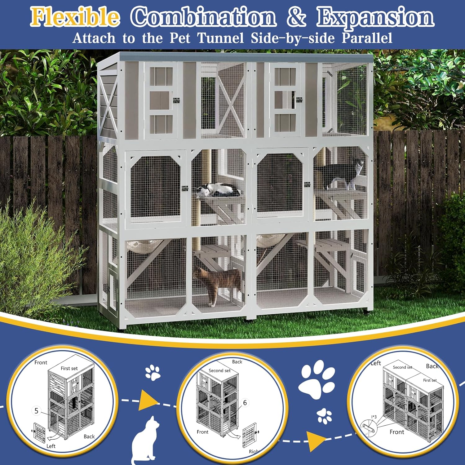 PetsCosset 63.5"H Catio Outdoor Cat Enclosure for Multiple Cats Wooden Outside Cat House with Wheels, Window,Tunnel and Cat's Door Access,Removable Waterproof Roof,Hammock,Scratching Posts,Expandable