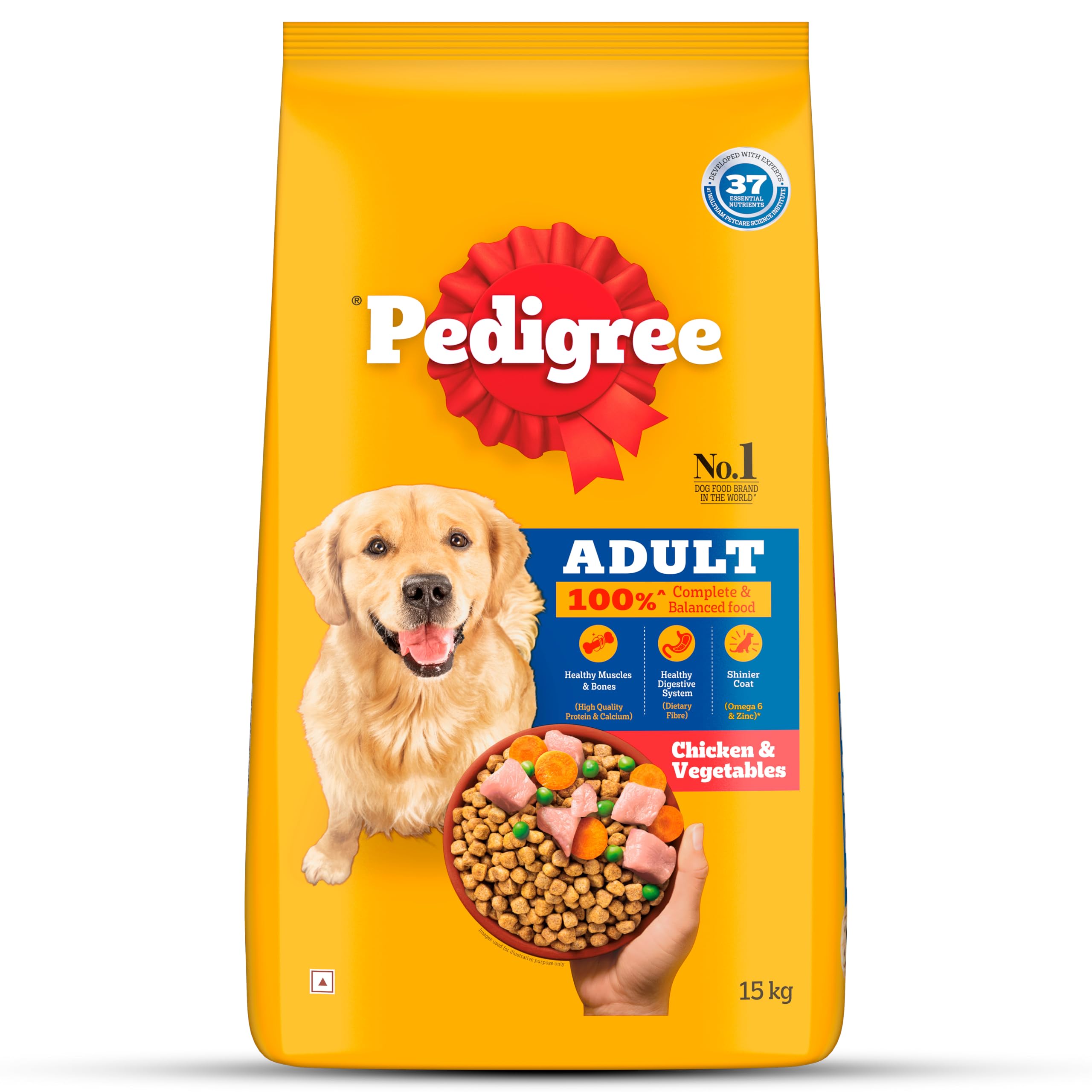 Pedigree Adult Dry Dog Food, Chicken & Vegetables, 15 kg, Contains 37 Essential Nutrients, 100% Complete & Balanced Food for Adult Dogs