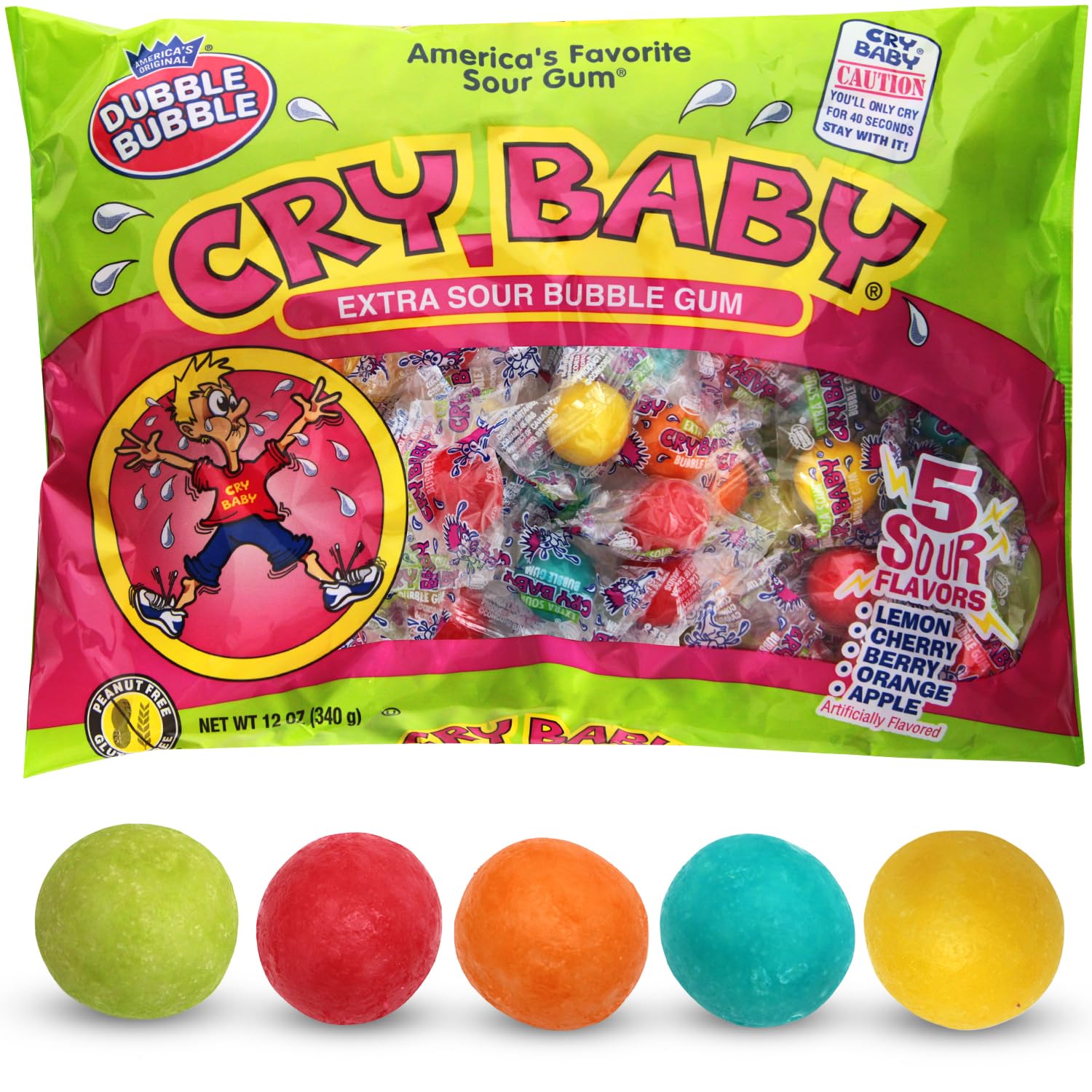 Cry Baby Extra Sour Bubble Gum, 12 OZ Bag of Individually Wrapped Gumballs 5 Mouth Puckering Flavors: Lemon, Cherry, Berry, Orange, and Apple, Perfect