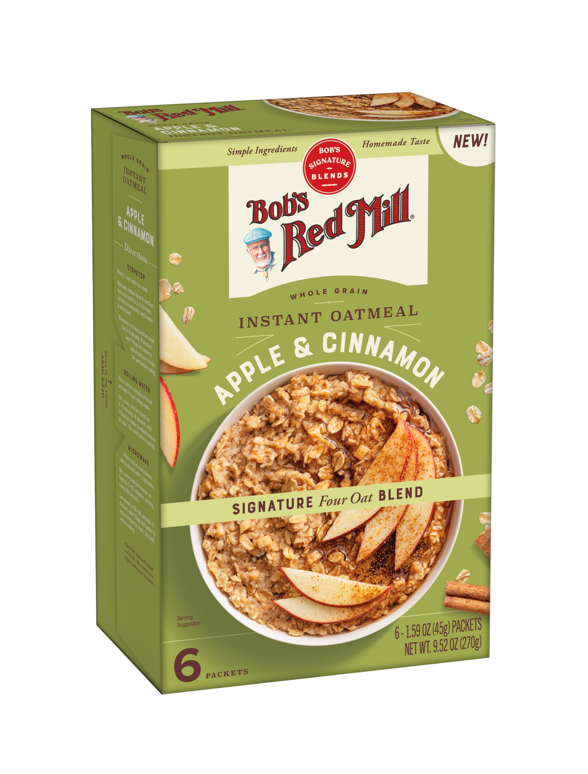 Bob's Red Mill Instant Oatmeal Packets, Apple & Cinnamon, 6 Packets Total (1 Box/6 Packets per Box), Non-GMO, Gluten Free, Whole Grain