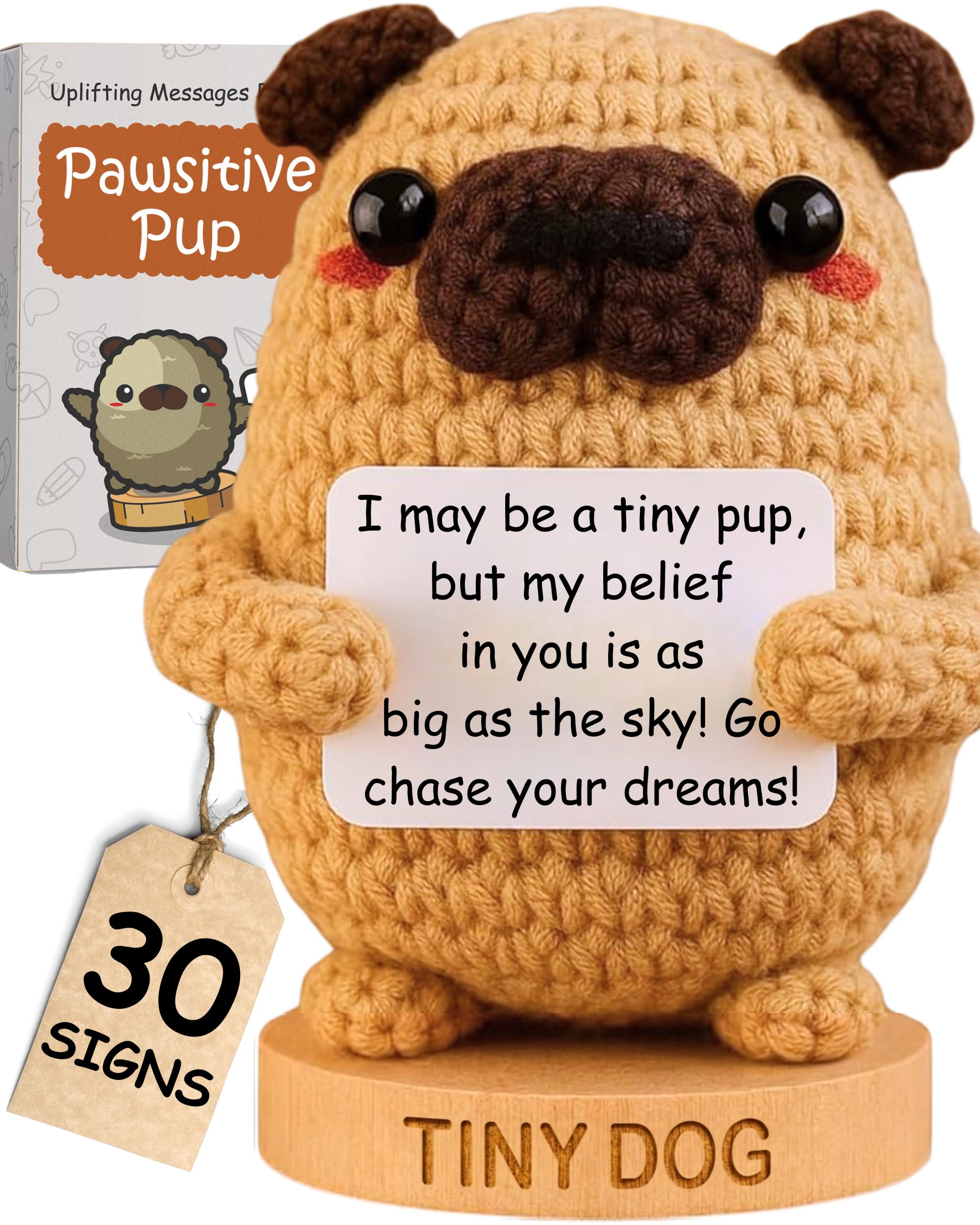 Dog lover Gifts for Women - Handmade Positive Crochet Animal W/ 30 Uplifting Signs - Funny Birthday Gifts for Dog Mom, Cute Present Idea for Women for Christmas, Emotional Support Office Desk Decor