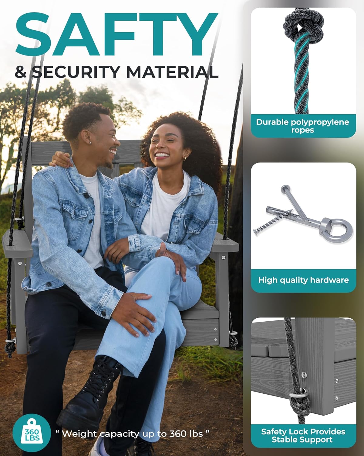 SERWALL HDPE Single Porch Swing, Heavy Duty Single Person Swing Chair with 2 Polypropylene Hanging Ropes, Adirondack Hanging Chair for Outdoor Front Porch Patio Garden Yard, Gray