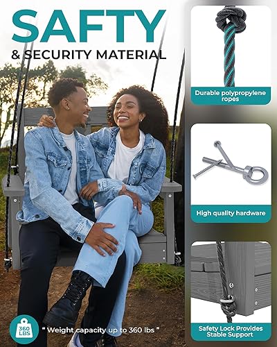 Miniatura 5 de SERWALL Columpio de porche individual HDPE, silla columpio resistente para una sola persona con 2 cuerdas colgantes de polipropileno, silla colgante