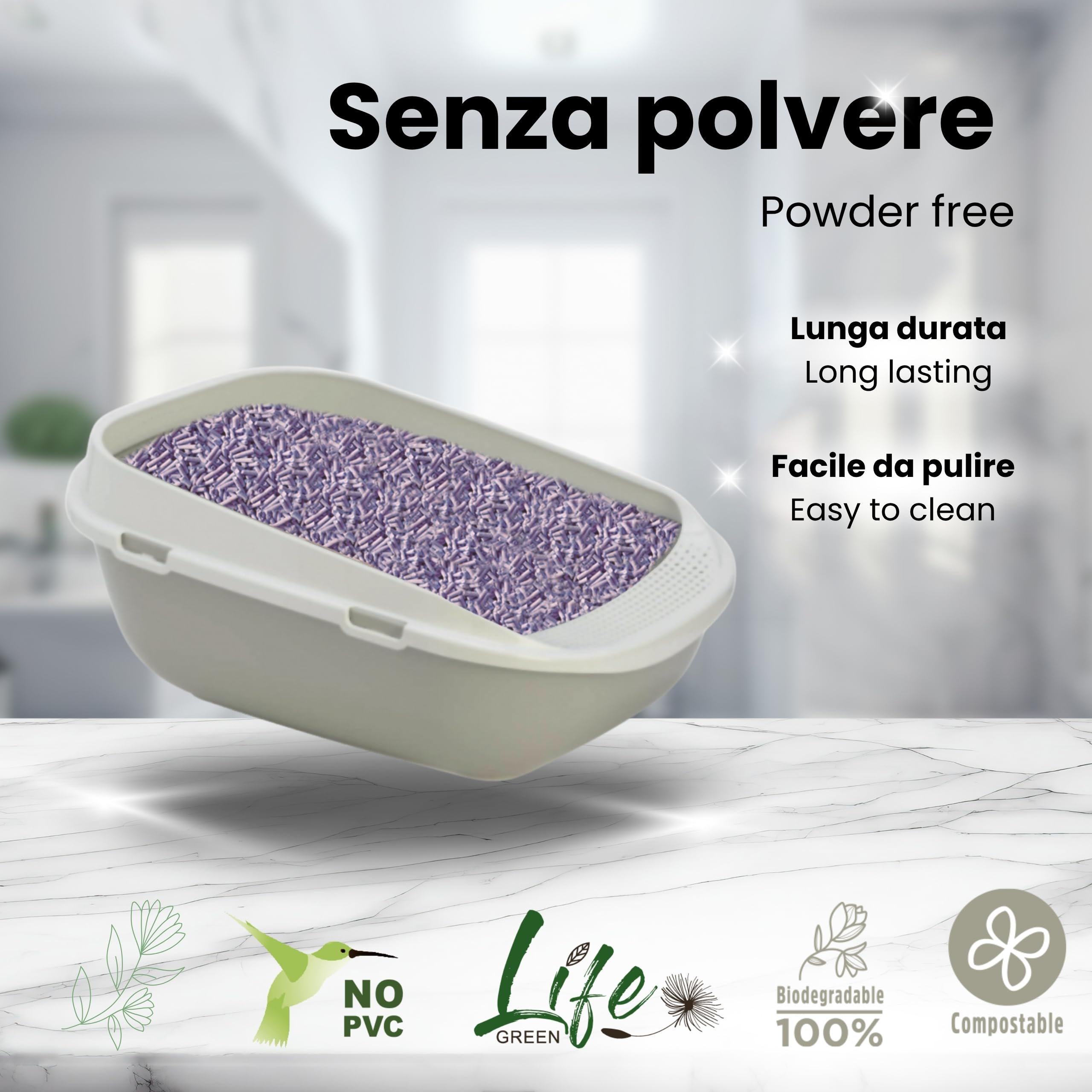 Lettiera Naturalissima per gatti 2 kg Lavanda, con Fibra di Pisello e Amido di Mais, Vegetale, Biodegradabile, Agglomerante 3.8L, Elimina odori